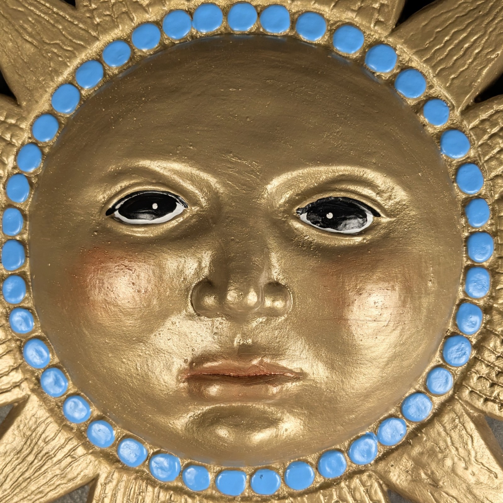 Gold Celestial Chalkware Sun Face Turquoise Dots Wall Decor 11&Prime; Boho Plaster