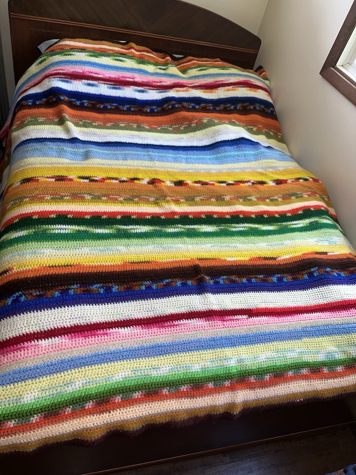 Vintage MCM 1970s Rainbow Chevron Afghan Blanket Comforter 72”x82” Handmade