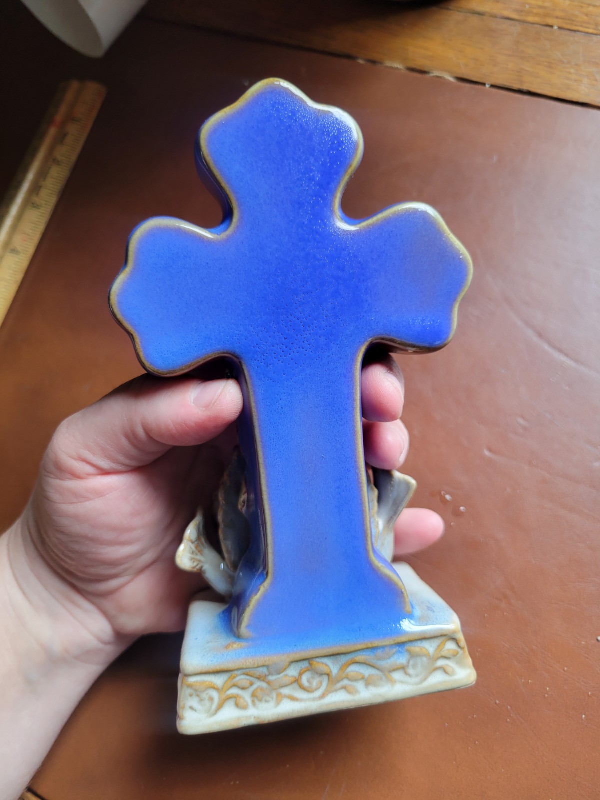 Ceramic Glazed Religious Inspirational Cross, Doves & Flowers Decor
