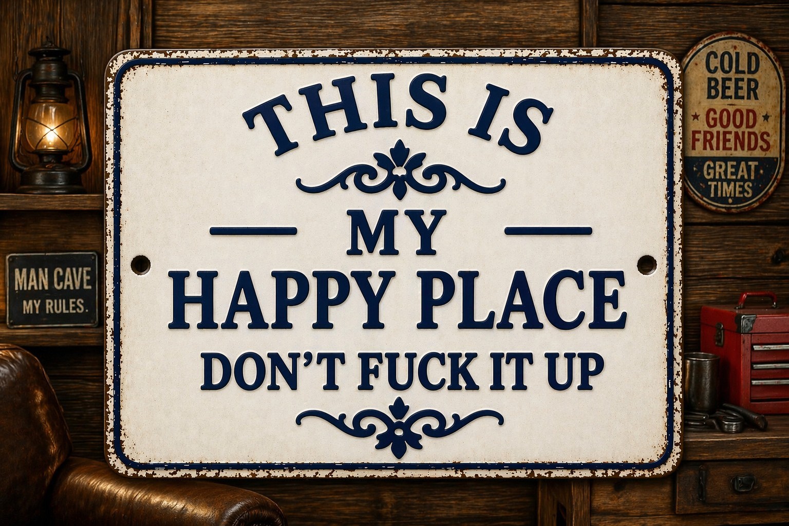 This Is My Happy Place Don&rsquo;t F It Up Man Cave Metal Sign Rustic 8×12 Man Cave