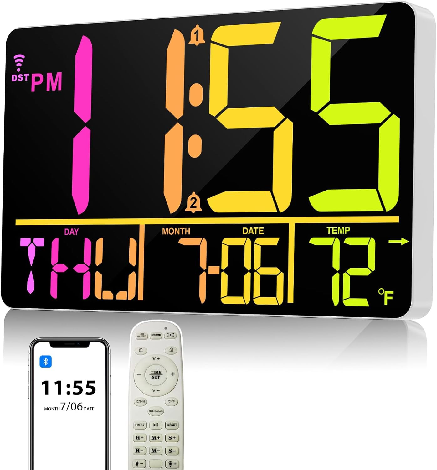 13&Prime; Bluetooth Auto Sync Wall Clock- Large Digital Alarm Clock with Remote, RGB C