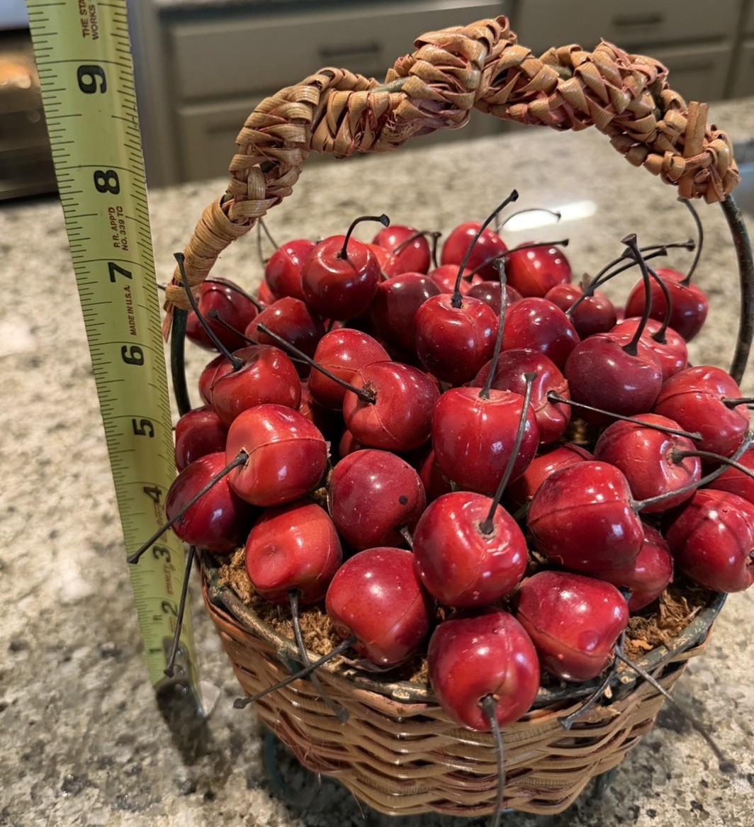 Artificial Cherries In Wicker Basket Metal Legs Cottage Core Decor, Granny Core