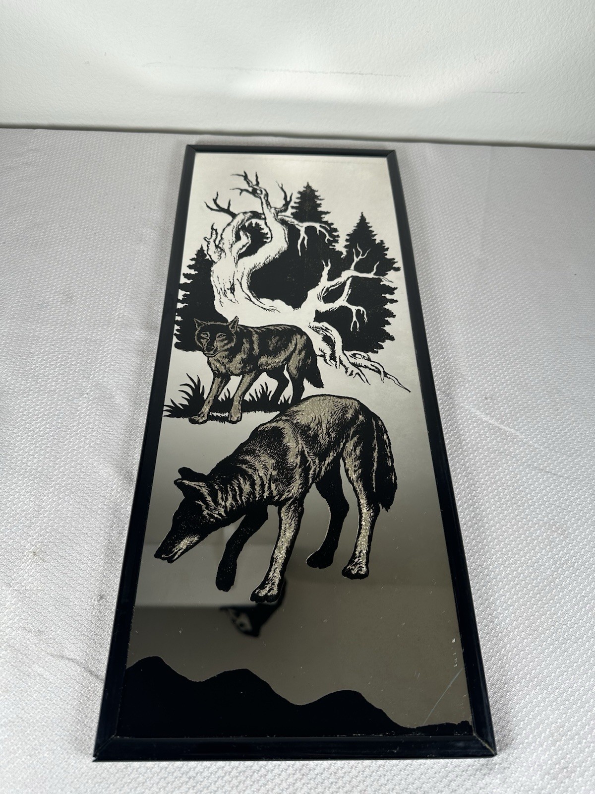 Vintage 1990s Wolf Wolves Animal Nature Mirror Artwork Glass Wall Decor 20×8&Prime;
