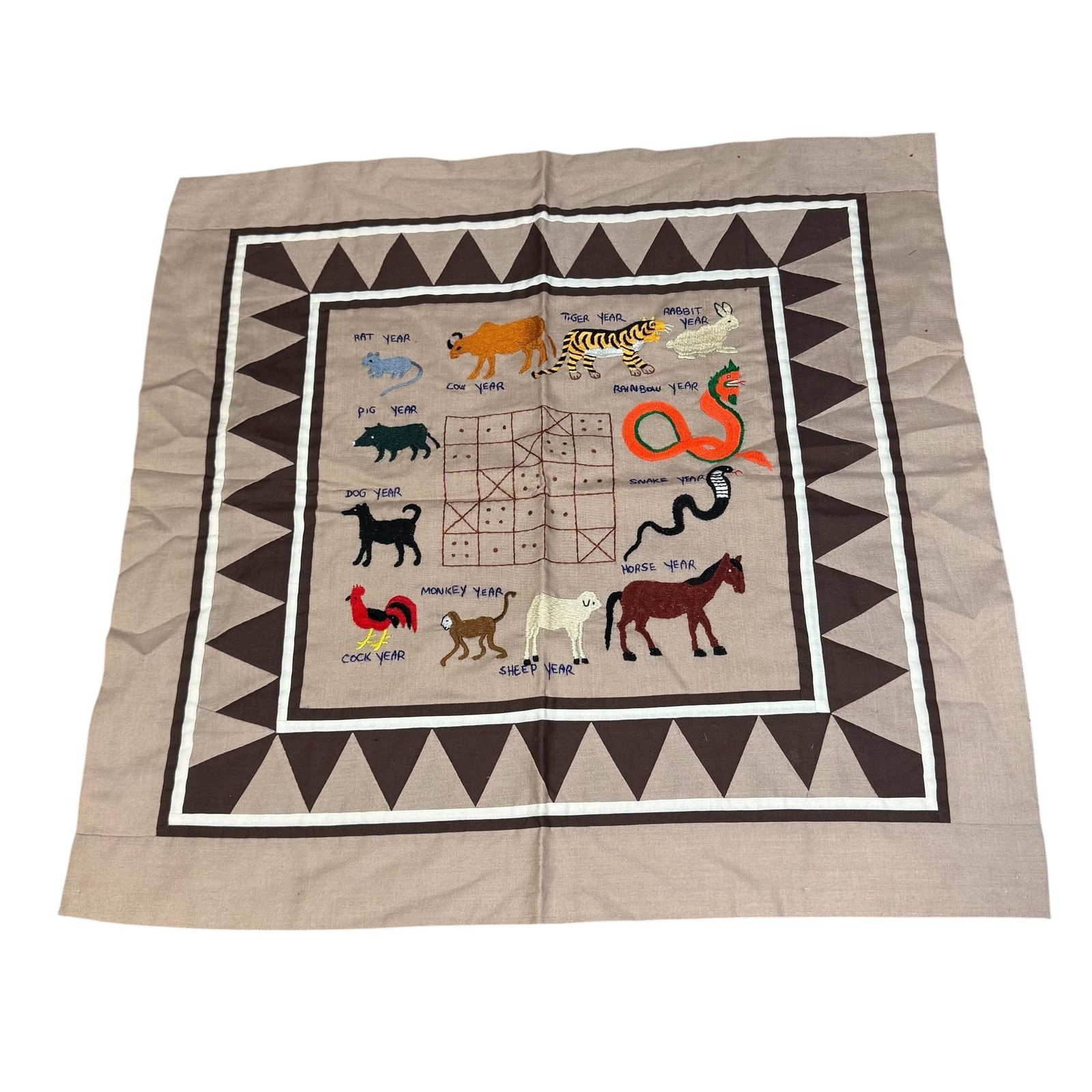 Handmade Embroidered Chinese Zodiac Animals Square Wall Hanging Table Topper