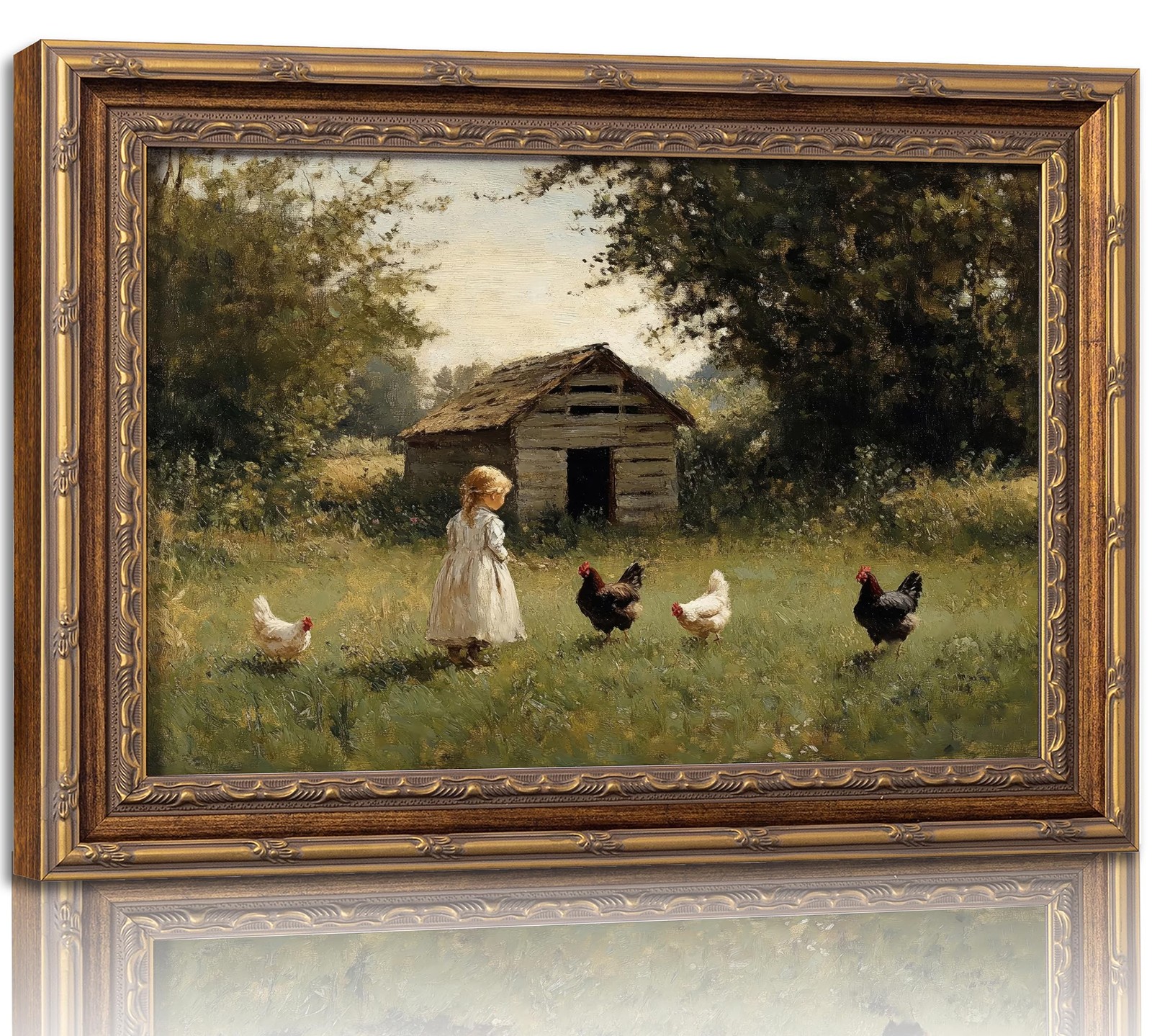 Vintage Gold Framed Farmhouse Chicken Wall Art Retro Country Farm Girl and Ch…