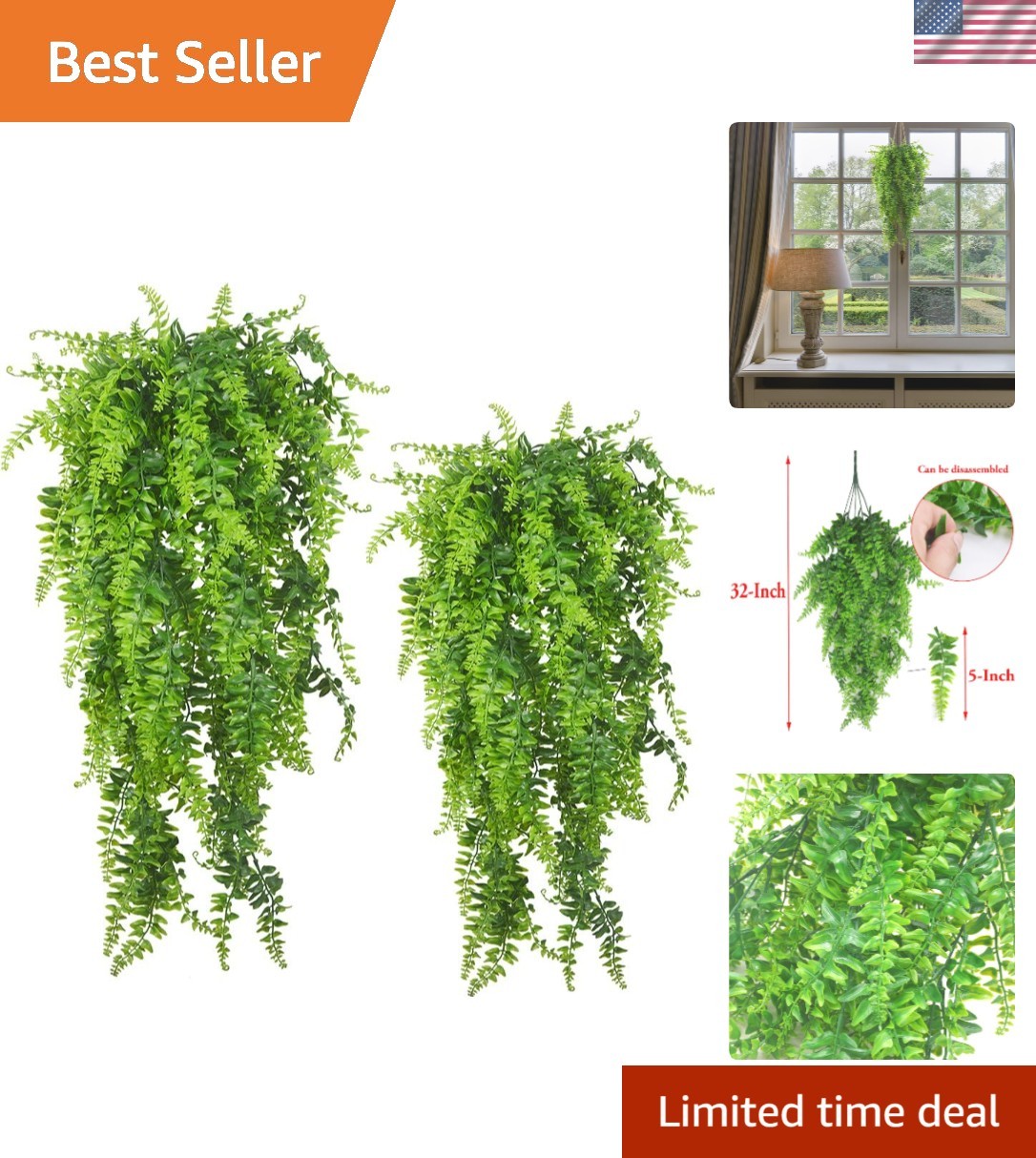 Low-Maintenance 2-Piece Fern Hanging Plants – Indoor/Outdoor Decor Solution