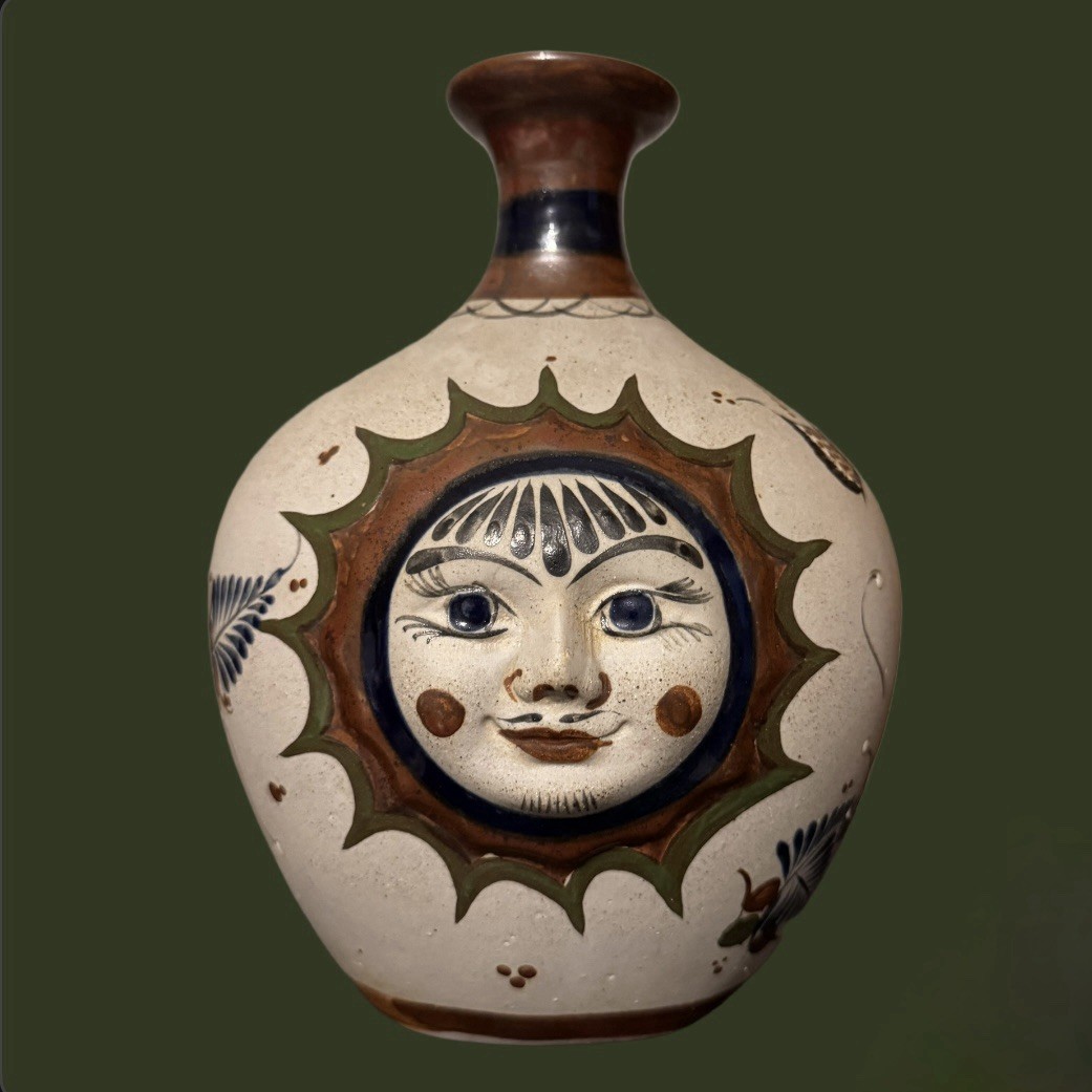 Handcrafted Handpainted Pottery Celestial Sun Face Mexican Tonala Vase