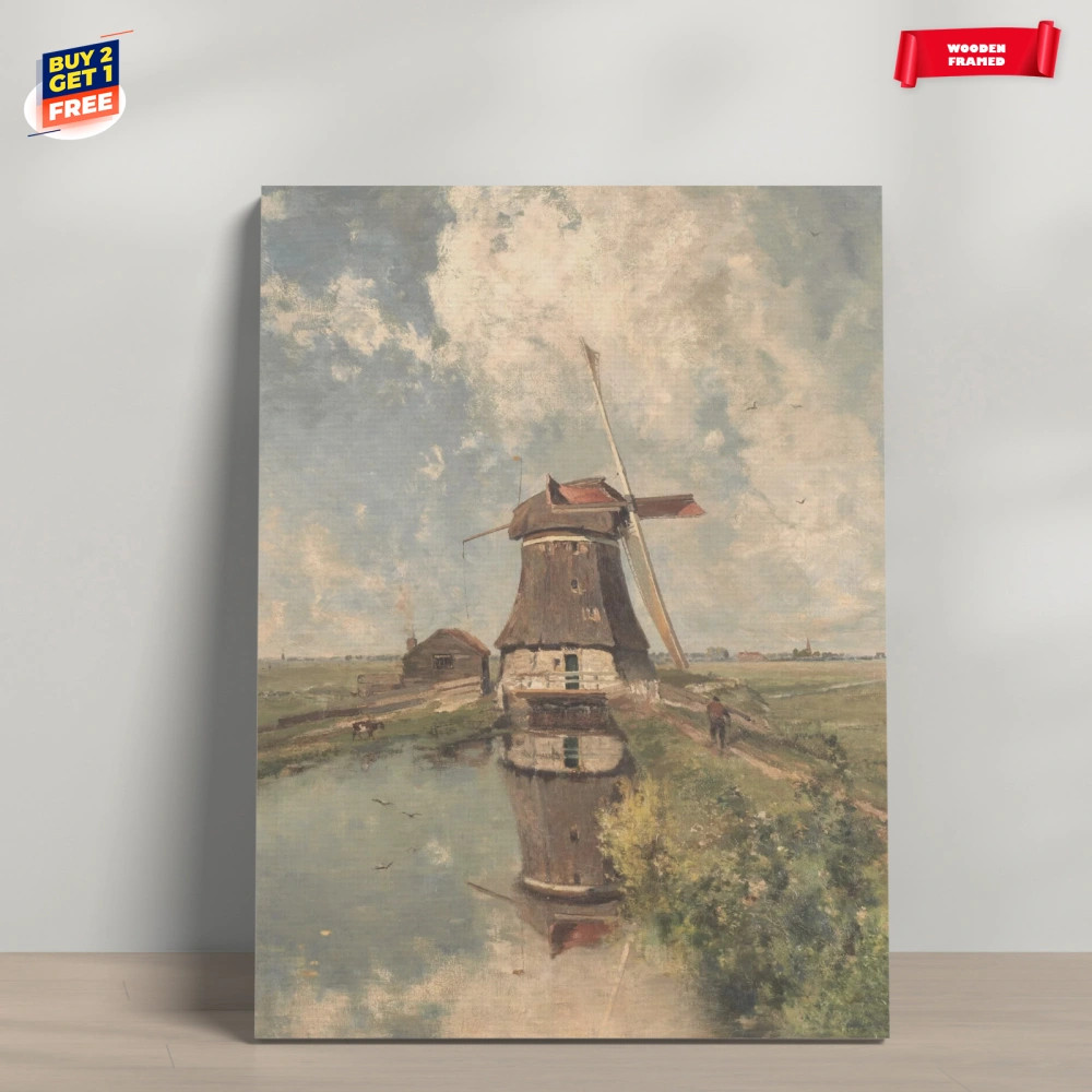 Vintage Dutch Windmill Landscape Painting Canvas Print Poster Home Decor
