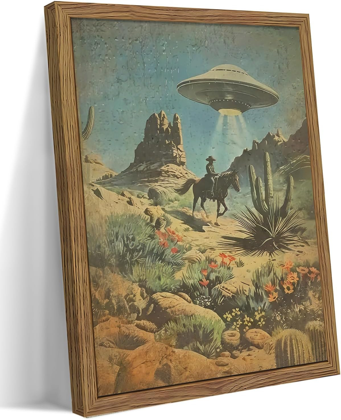 Framed Vintage Intergalactic Western Canvas Wall Art, Alien UFO Abducting Cowboy