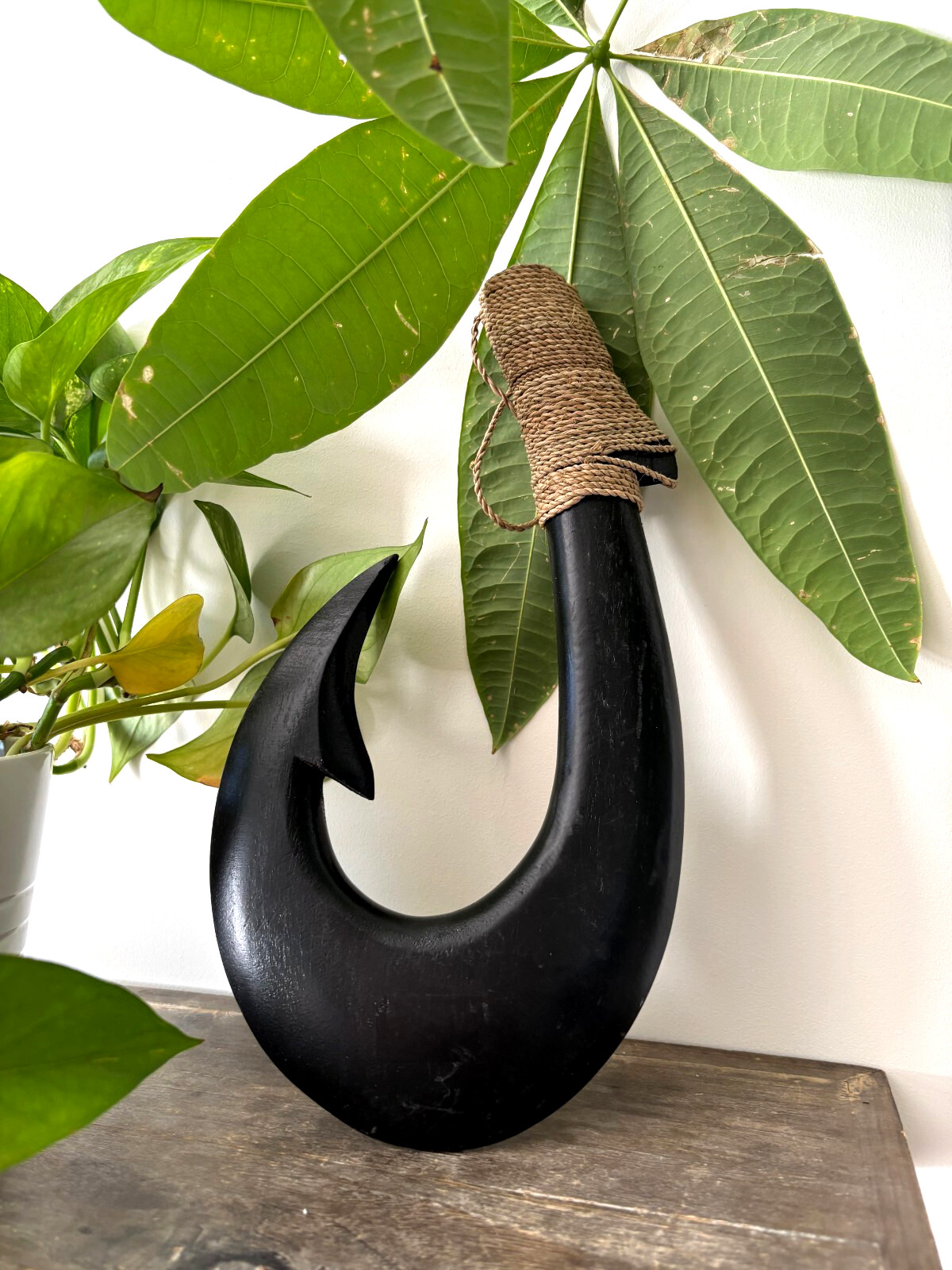 Hawaiian Hand Made Wall Decor Solid Black Wood Polynesian Tribal Fish Hook