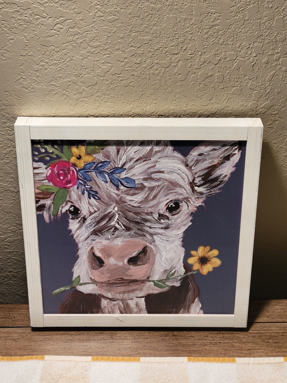 Cow Picture With Wood Frame 13 1/8 X 13 1/8 X 1 1/4 Inches.