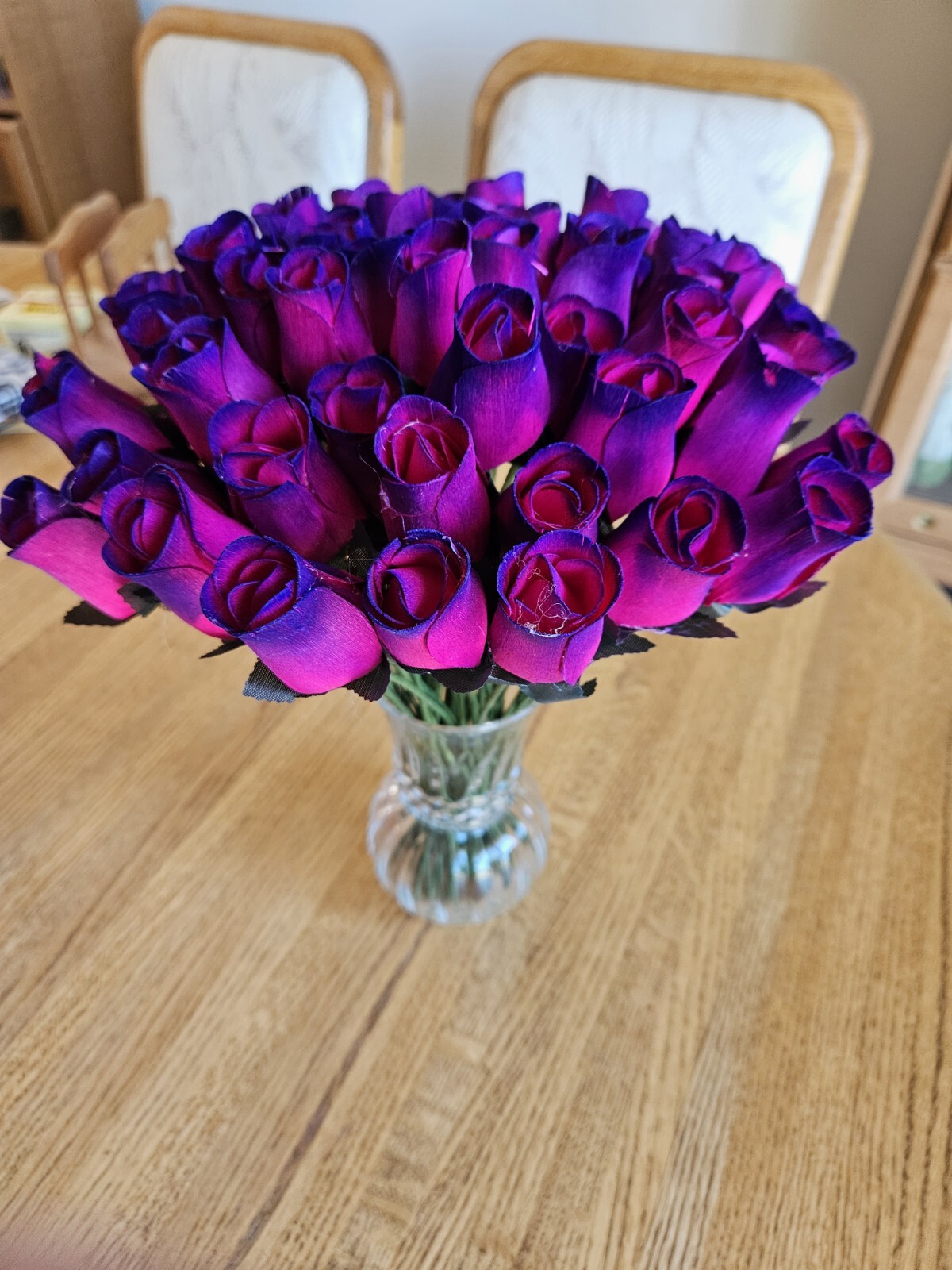 3 DOZEN – HOT PINK- PURPLE WOODEN ROSE BUDS 5 X 8 ARTIFICIAL FLOWERS