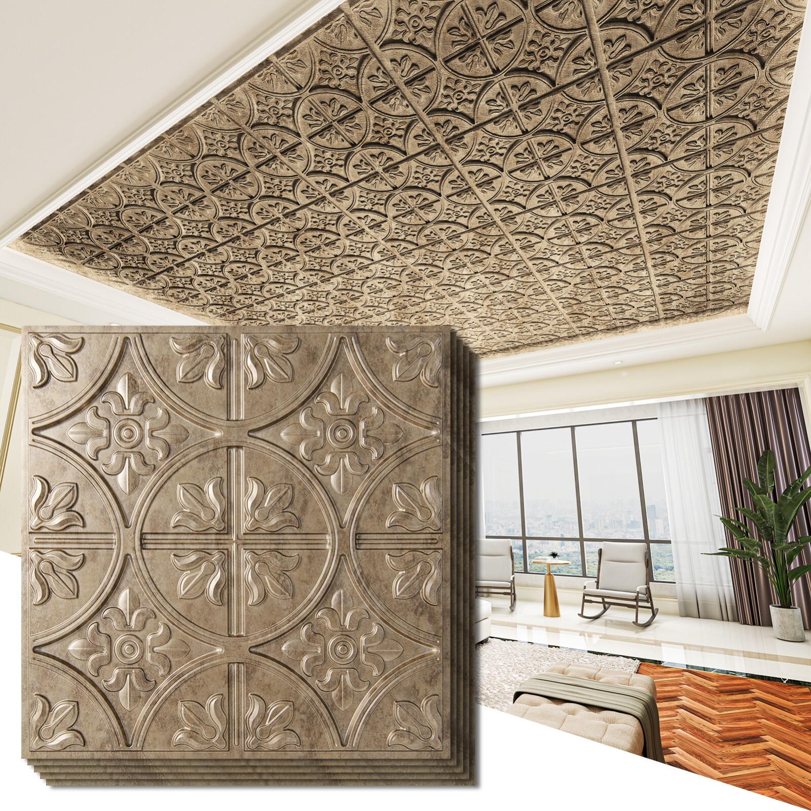Art3d 2×2 ft. PVC Ceiling Tile in Antique Gold,Fancy Classic Style,12-pack