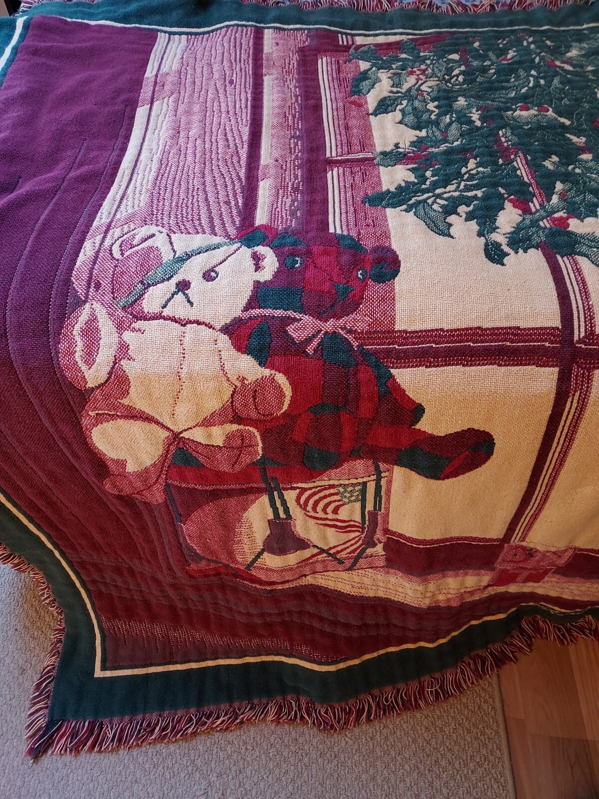 Bob Timberlake Triple Woven Tapestry Blanket Afghan Christmas Bears in Window
