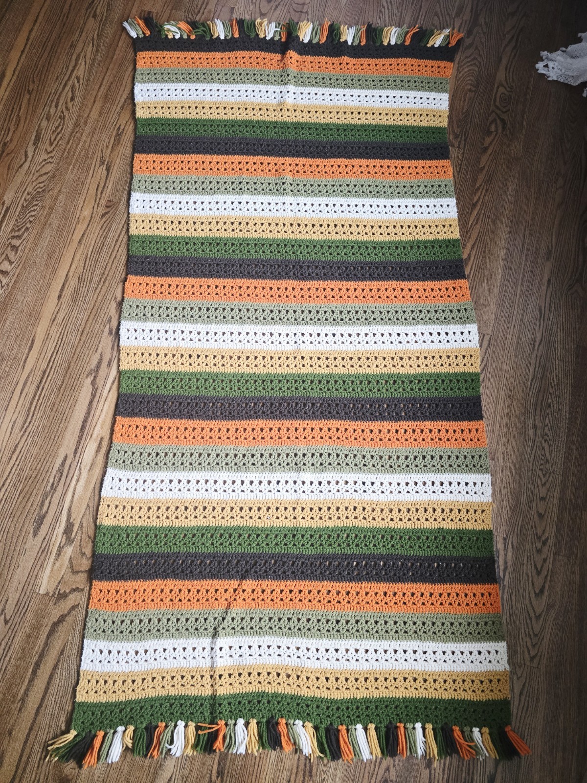 Handmade Striped Crochet Throw Blanket in Orange, Green, Brown & Cream 76&Prime; x 39&Prime;