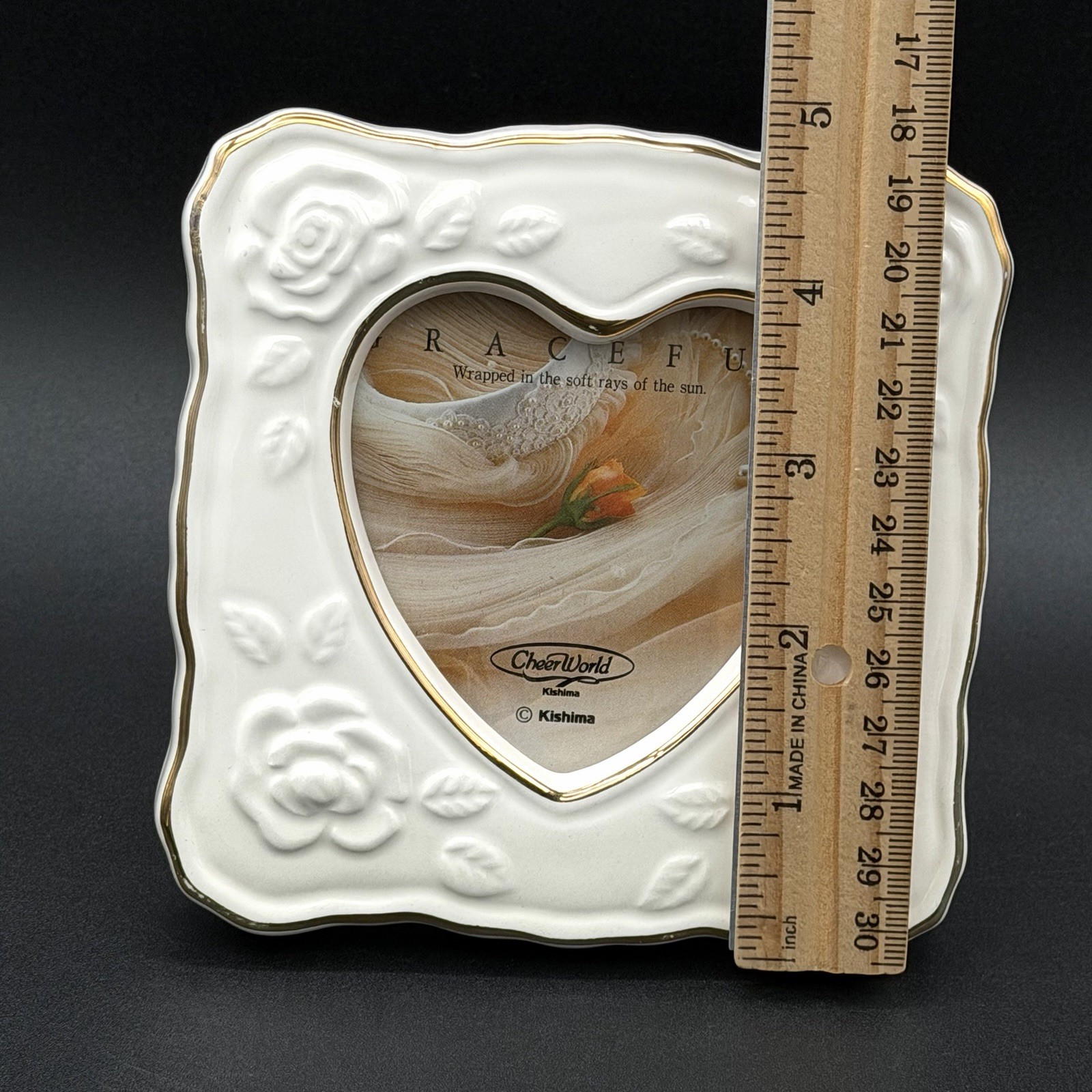 New White Porcelain Heart Frame 3 X 3 Photo Roses Gold Trim 4.75 X 4.75 Inch