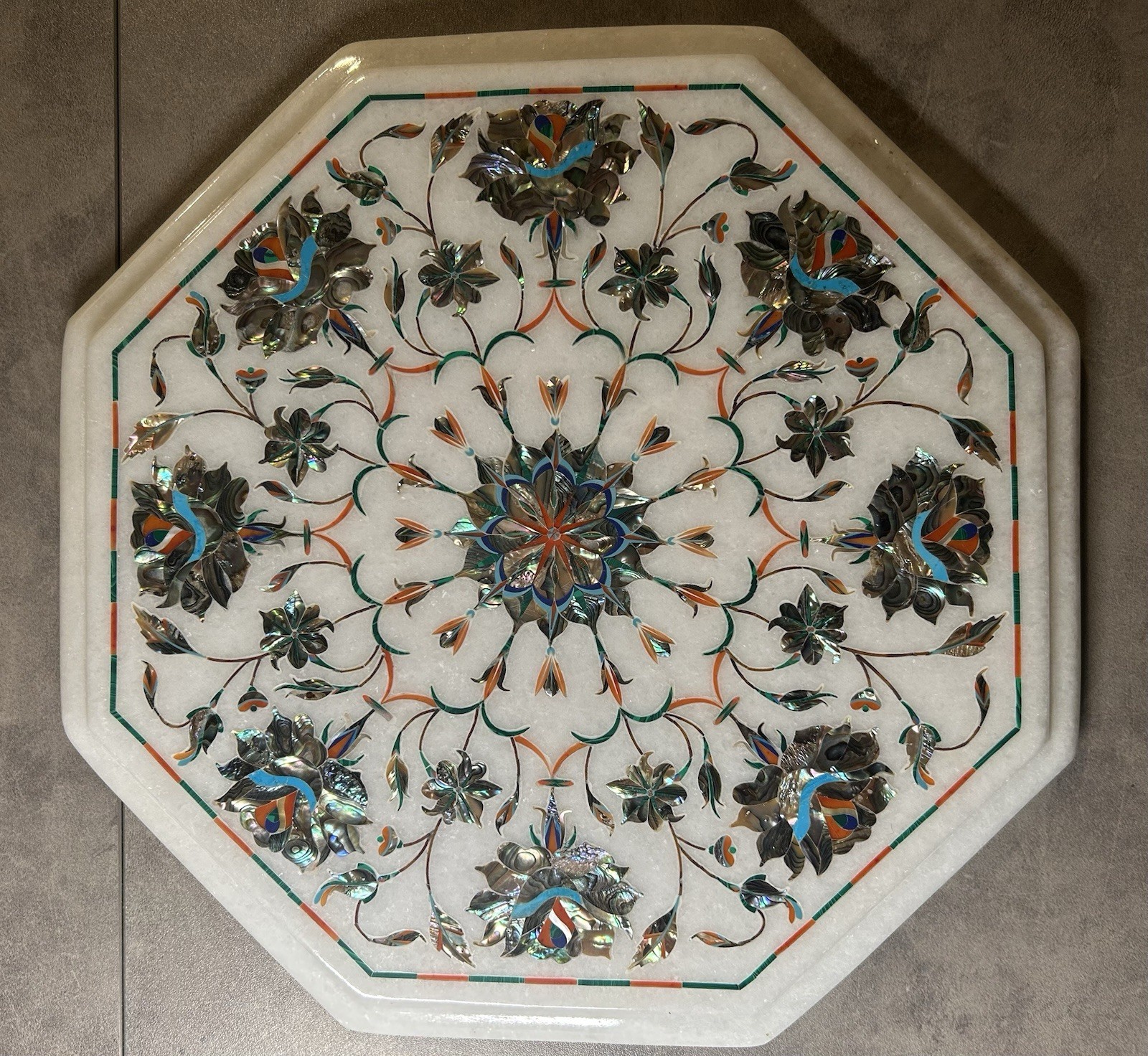 12” Marble Inlay Table Top Mother of Pearl Floral Mosaic Handmade Art
