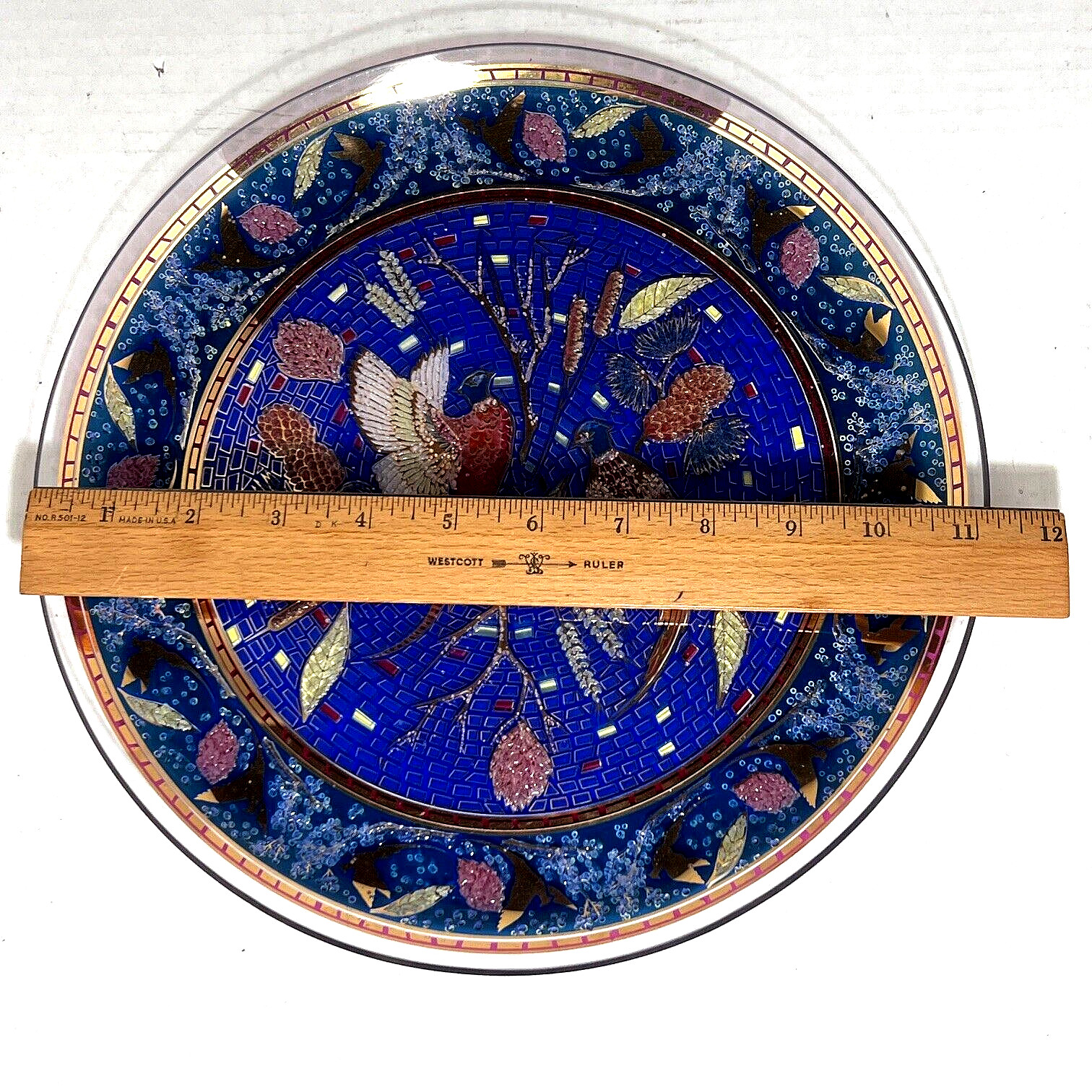 Vtg Houze Art Glass Mosaic Design Plate Blue & Gold w/Pheasants 11&Prime; Diameter