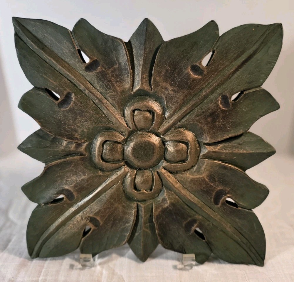 Square Carved Decorative Wood Floral Wall Hanging Plaque India 10&Prime;