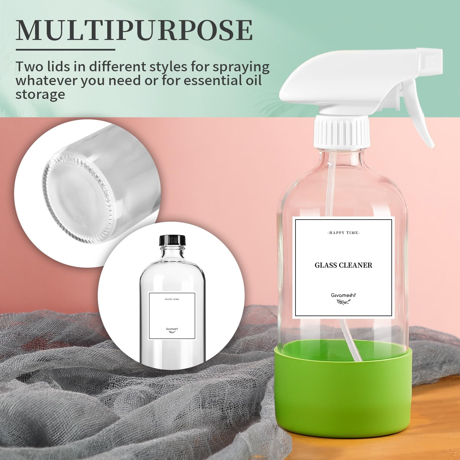 GIVAMEIHF 2 Pack Glass Spray Bottles with Silicone Sleeve,16oz Clear