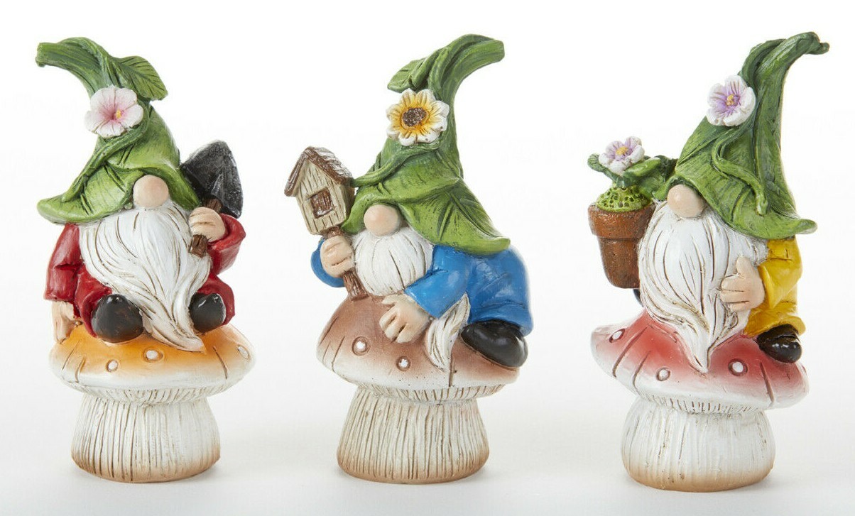 NEW GARDEN GNOME FIGURINES MUSHROOM 3 pcs Shelf Sitters Collectible Indoor Use