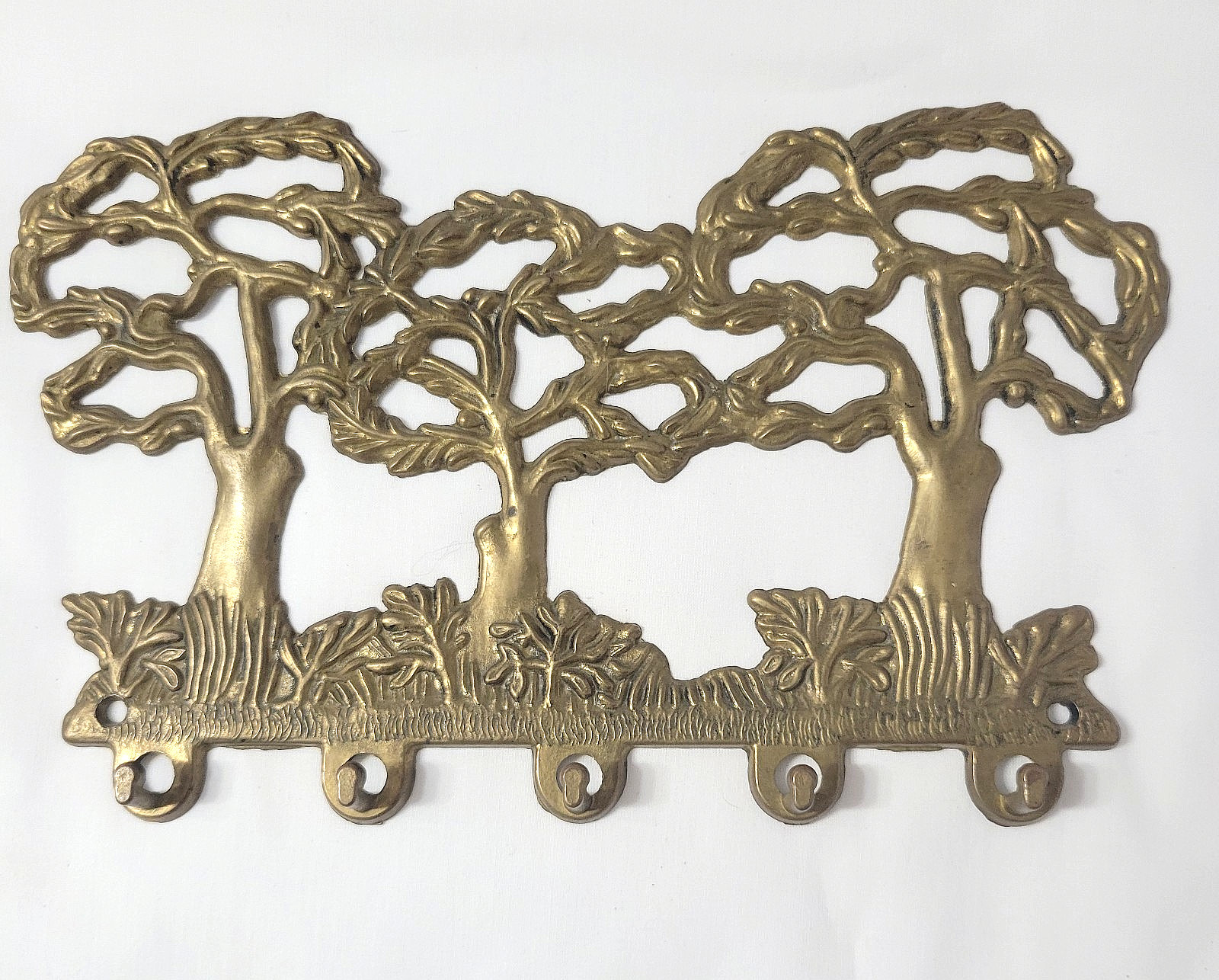 Vtg Brass Metal Bronze 3 Trees Design 5 Hooks Keys Wall Mount Rack 8.5&Prime;