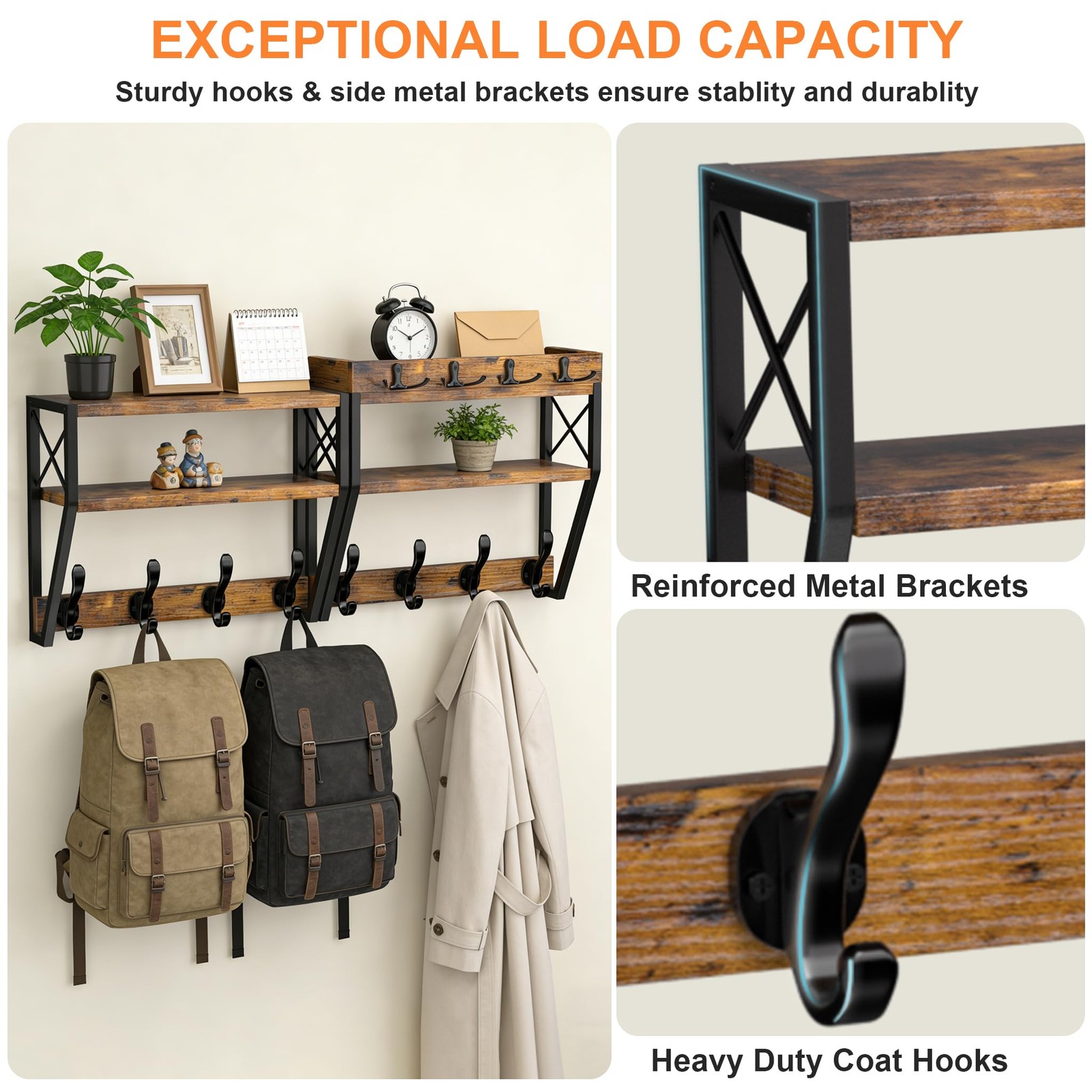 « 32Inch Wall Mount Coat Rack with Shelf, 12 Hooks, Brown Wood & Metal »