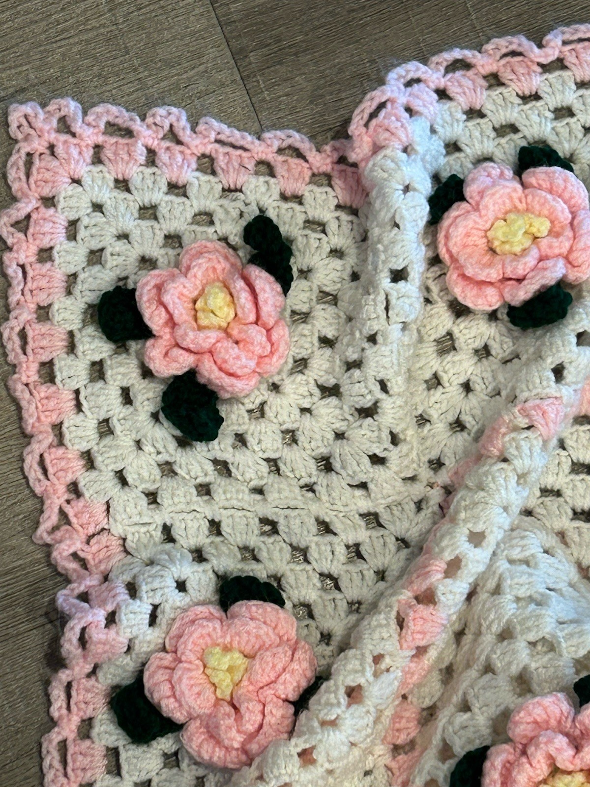 Vintage Handmade Crochet Afghan Throw Blanket White 3D Pink Roses Cottage Core