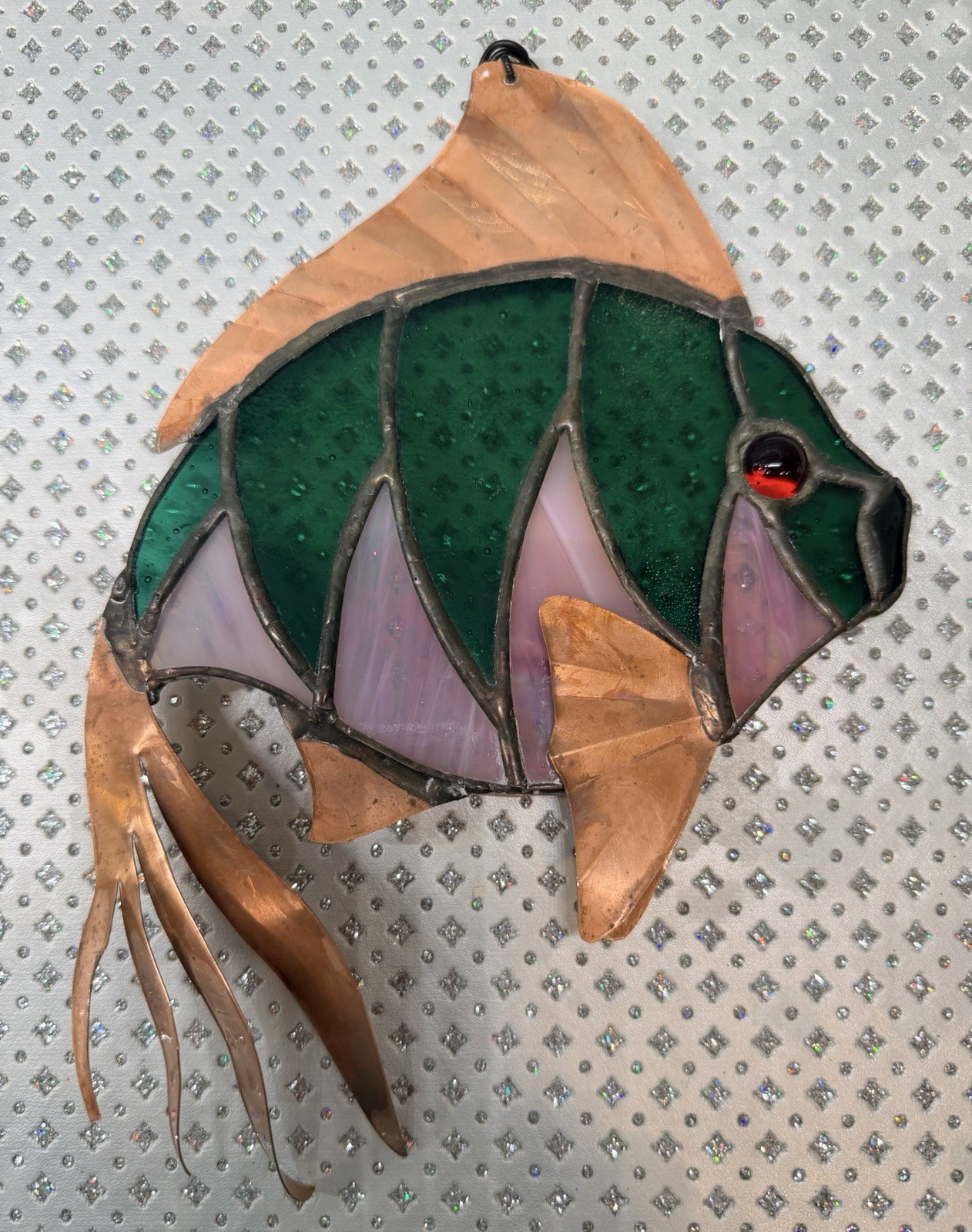Vintage Stained Glass Rainbow Fish Suncatcher Dichroic Green/Pink w/Copper Fins