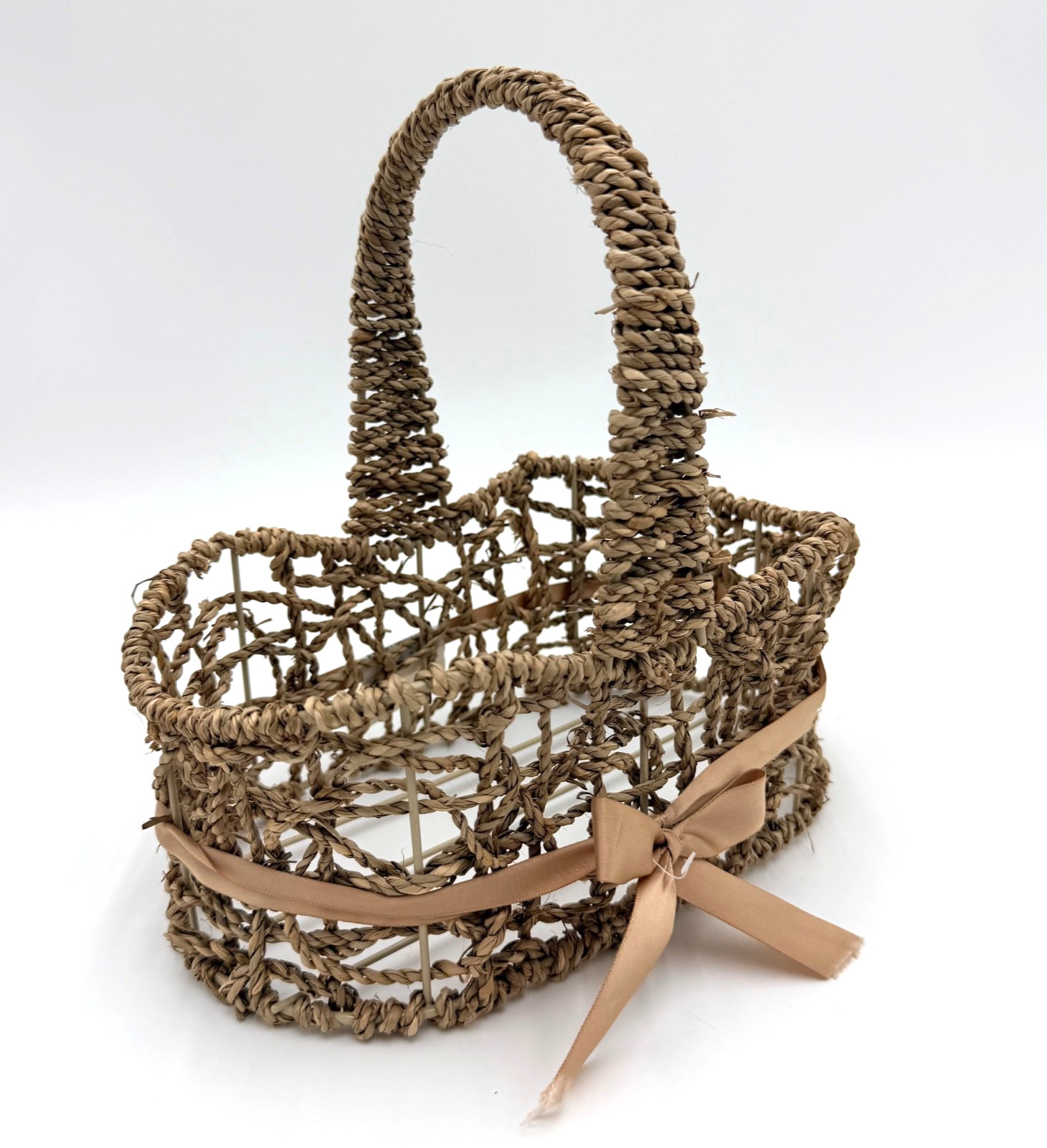 Handwoven Natural Wicker Basket with Handle Ribbon Rustic Farmhouse Pre Owned