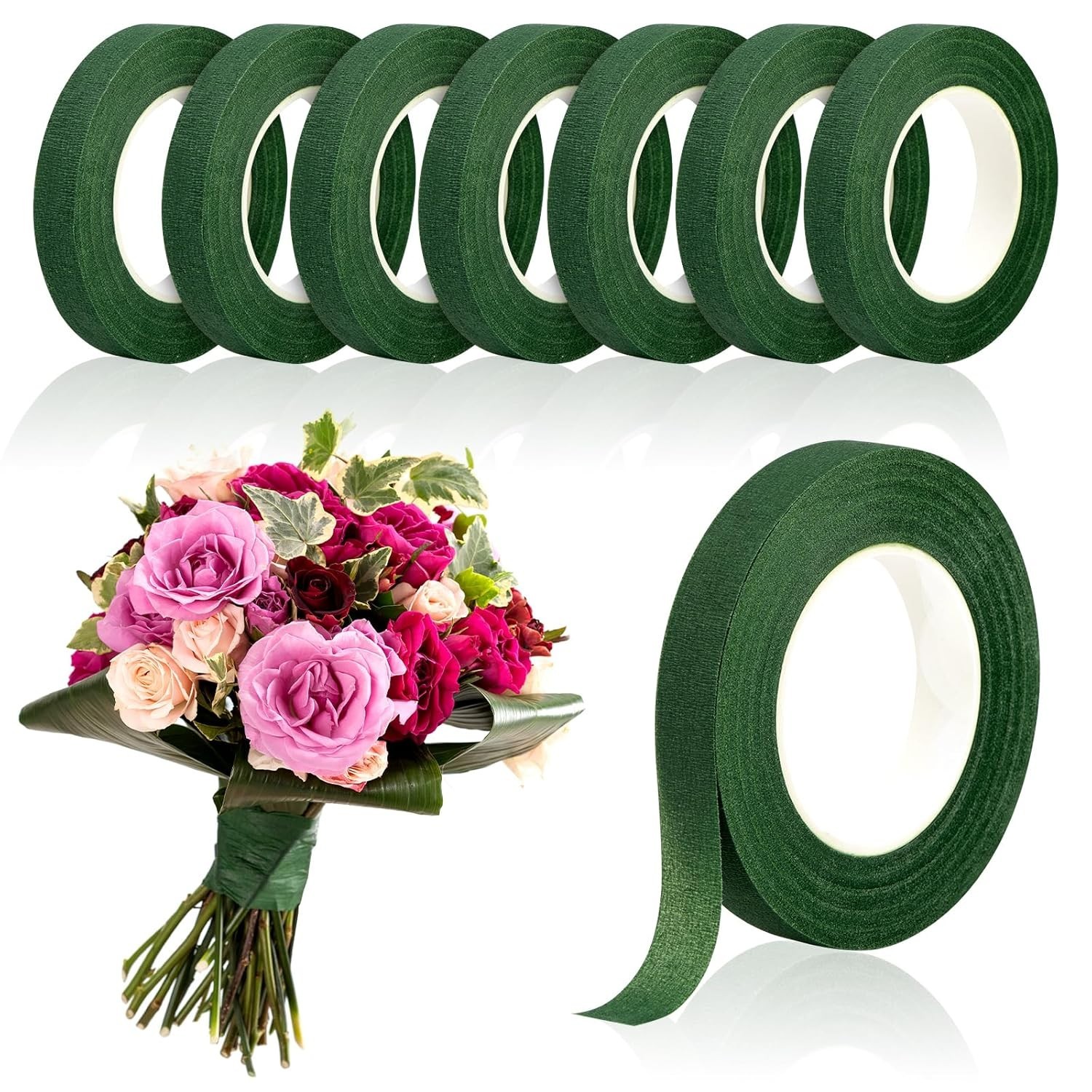 8 rollos de cinta floral de 1/2&Prime; de ancho, verde oscuro, para flores frescas
