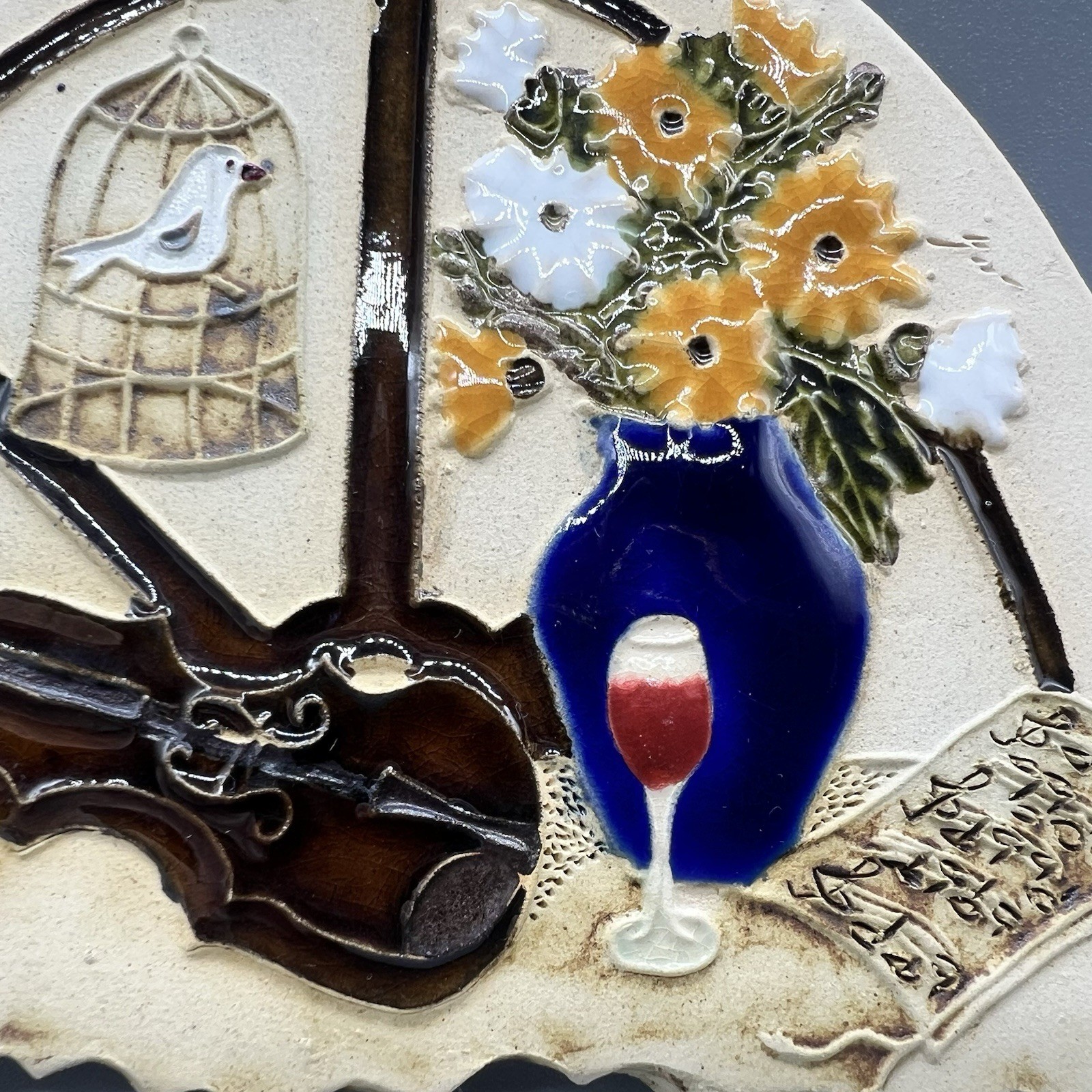 Decor Kitchen Textured Stone Wall Art Plaque Wine Flowers Violin Mediterranean