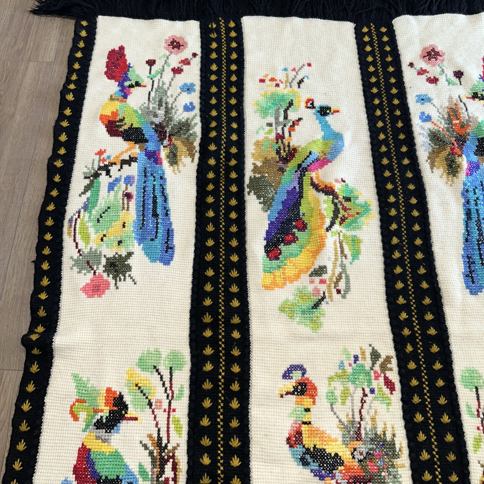 Vintage Peacock Bird Handmade Needlepoint Throw Blanket 46 X 72. EUC