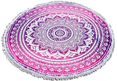 Round Beach Tapestry Mandala Boho Hippie Blanket 42 Inches White And Pink