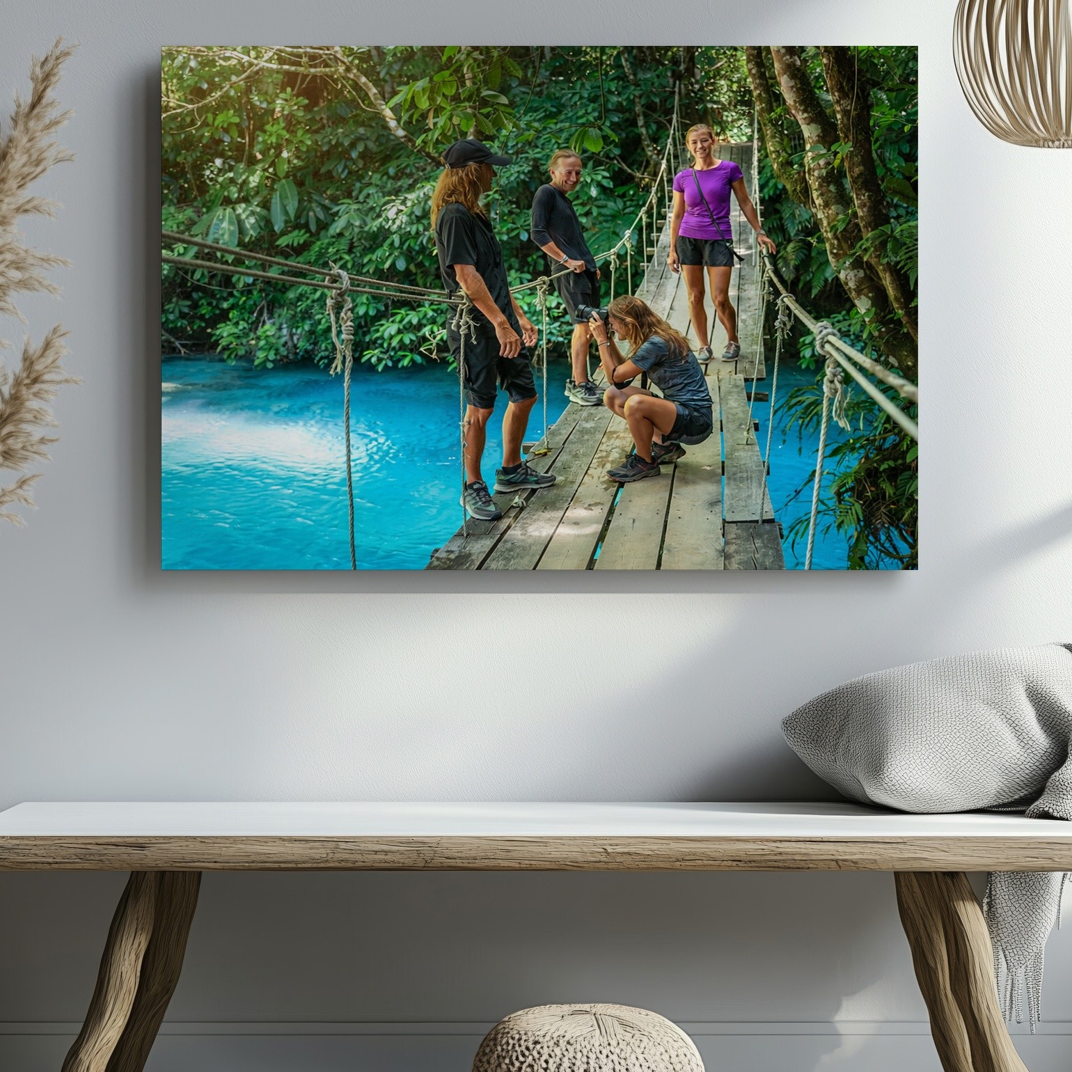 Adventure Nature Canvas Wall Art Crossing Wooden Bridge Over Blue River Print