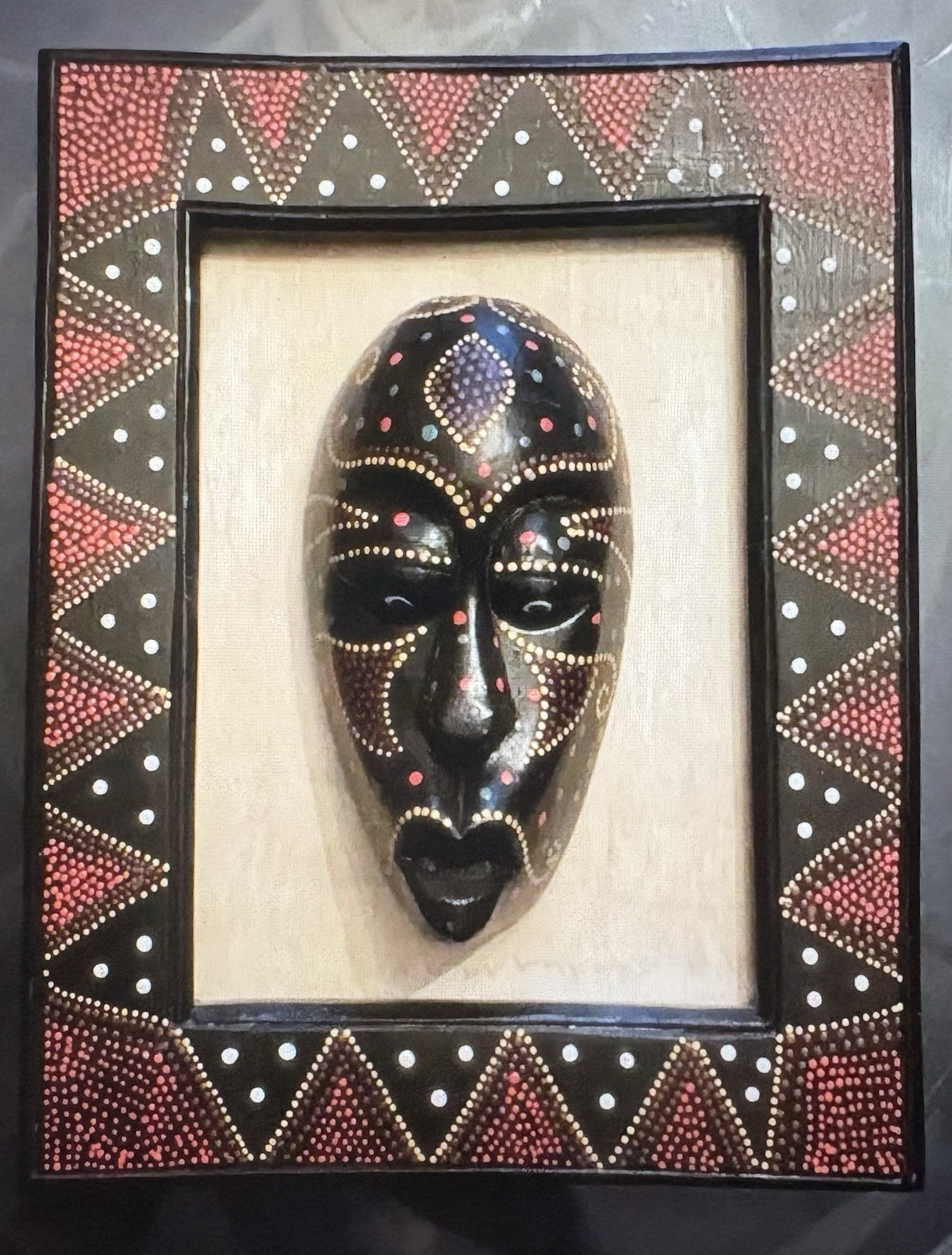 African Tribal Decorative Painted Wood Wall Mask in Frame, Black Red White