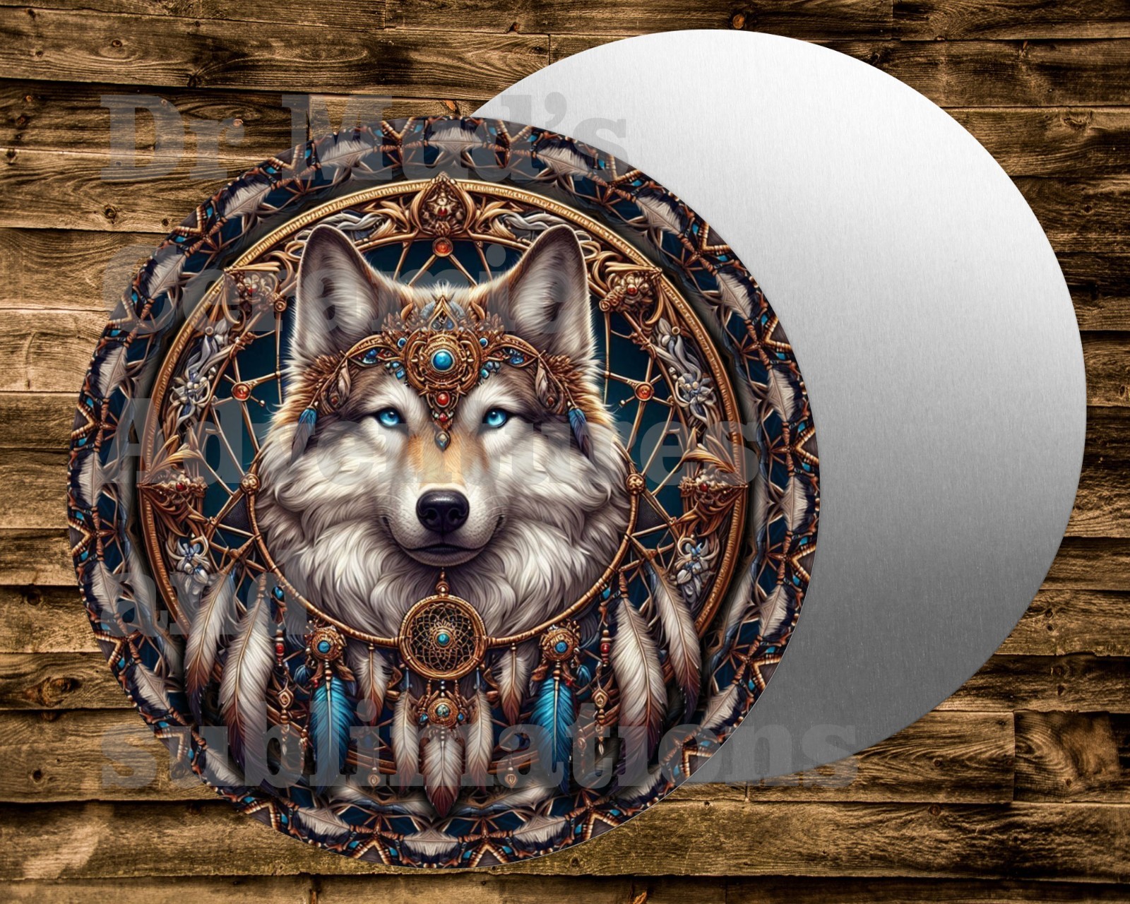 WOLF DREAM CATCHER Round metal Sign for Wreaths, dollhouse,