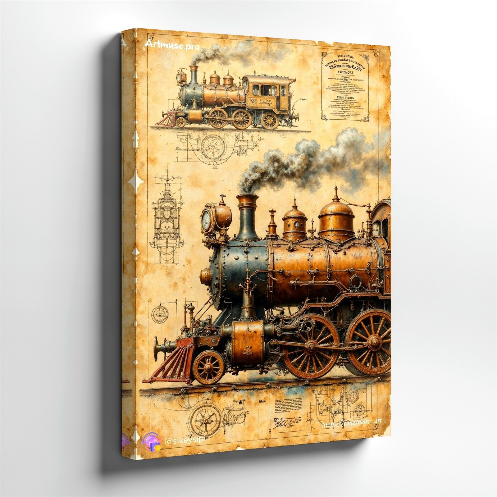 Wall Art Vintage Steam Train Locomotive Blueprint Poster Antique Railway Print