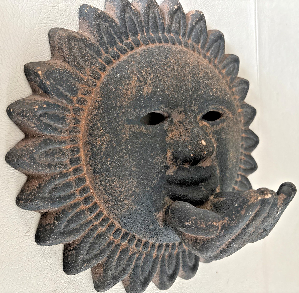 Primitive Terracotta Sun Face/Hands 3D Pottery Hanging Bird Feeder Wall Art 11&Prime;