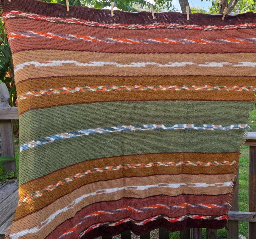 Hand Knitted Afghan Blanket Throw Vintage Crochet 65&Prime; T x 54&Prime; W Multi Color