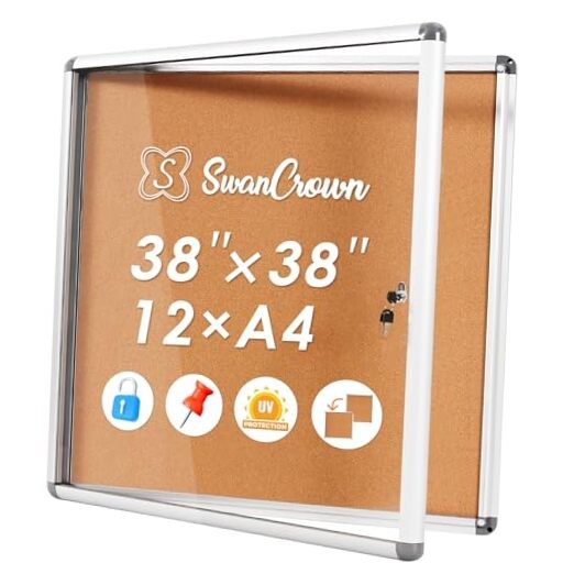 SWANCROWN Enclose Bulletin Board Case Big School Cork 38&Prime; x 38&Prime; Silver Frame