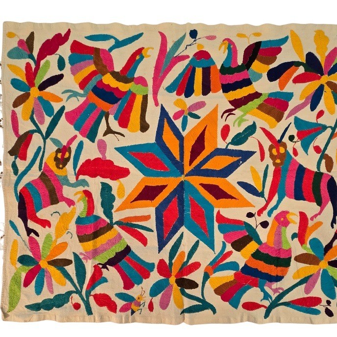 Vintage Otomi Tenango Embroidery Mexican Fold Art Textile Wall Hanging 34&Prime;x28&Prime;