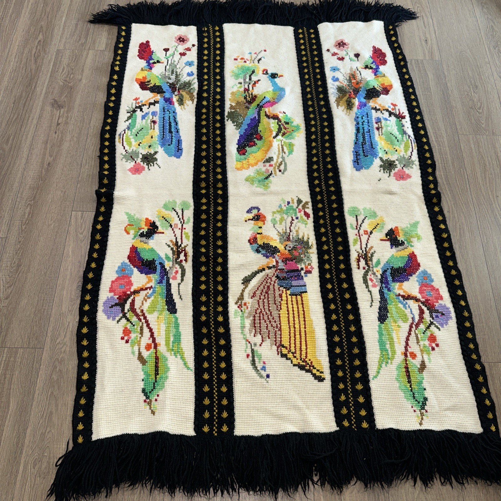 Vintage Peacock Bird Handmade Needlepoint Throw Blanket 46 X 72. EUC
