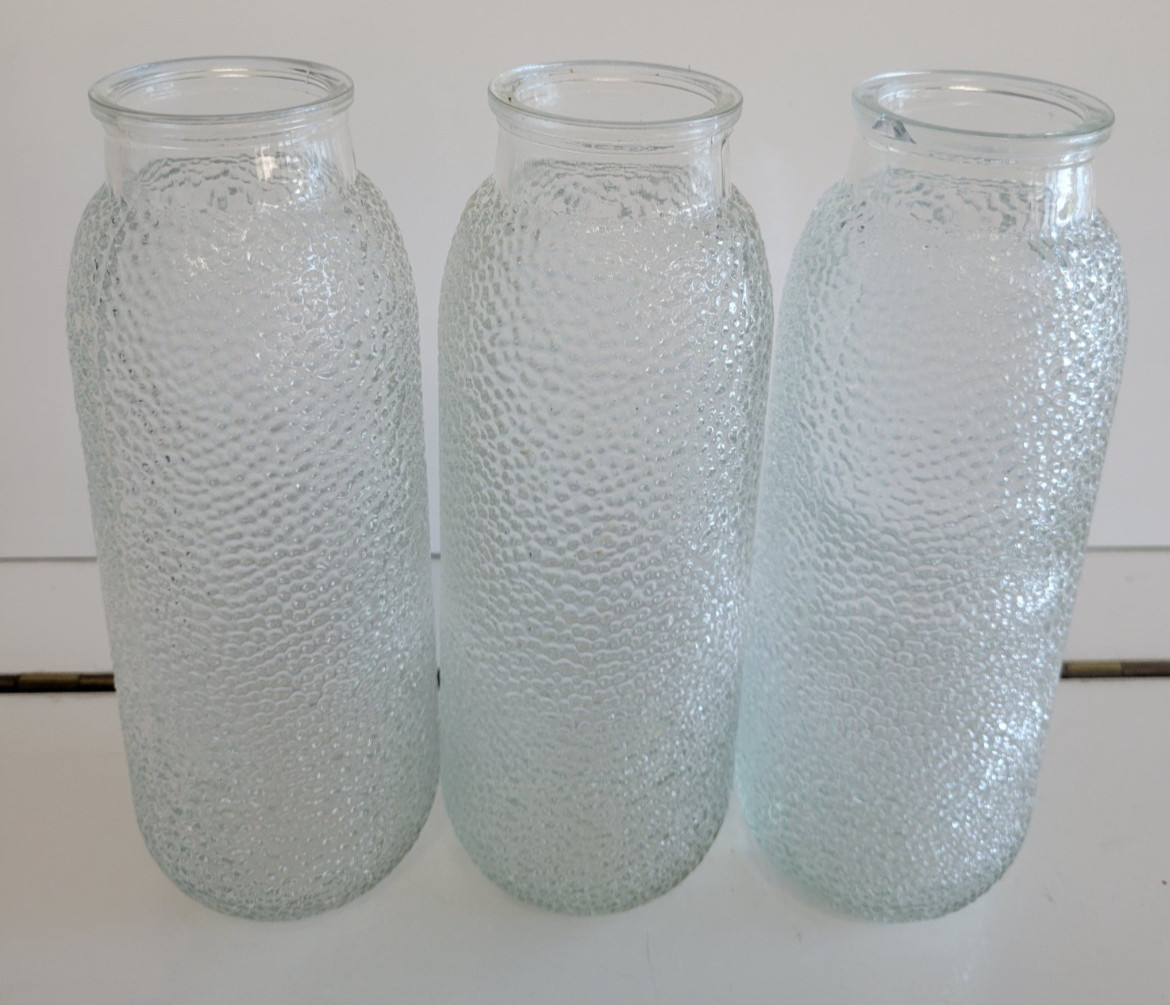 3 CLEAR GLASS ROUND BOTTLES APOTHECARY SCATTERED BUBBLES 7.75 INCHES