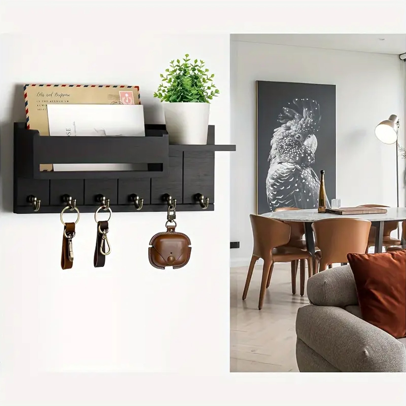 Wall-Mounted Key Holder & Mail Organizer with Hooks – Entryway Storage & Decor