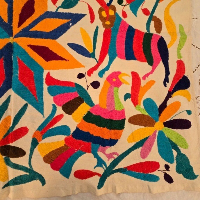 Vintage Otomi Tenango Embroidery Mexican Fold Art Textile Wall Hanging 34&Prime;x28&Prime;