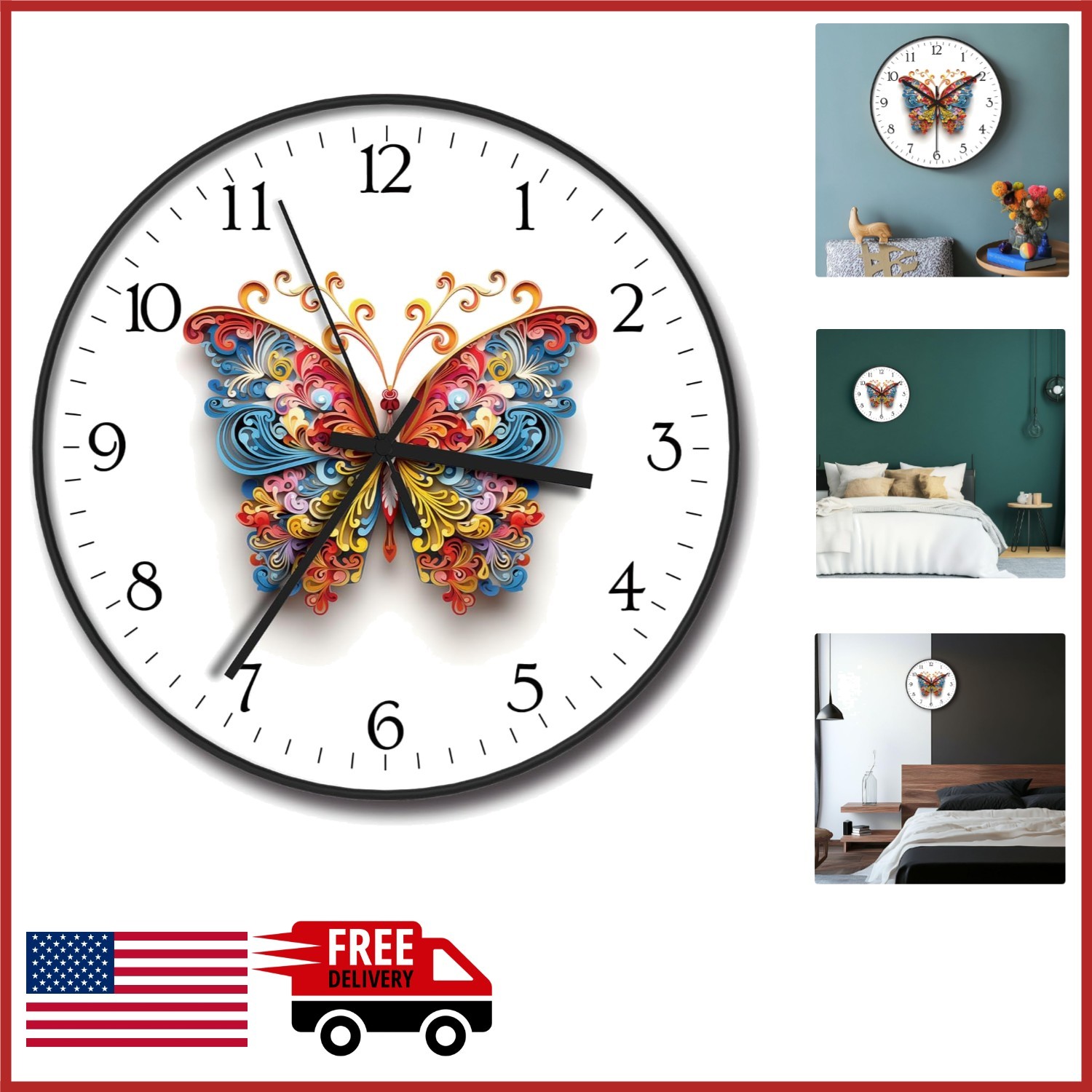 Compact 8 Inch Wall Clock with Silent Quartz Movement and Butterfly Design