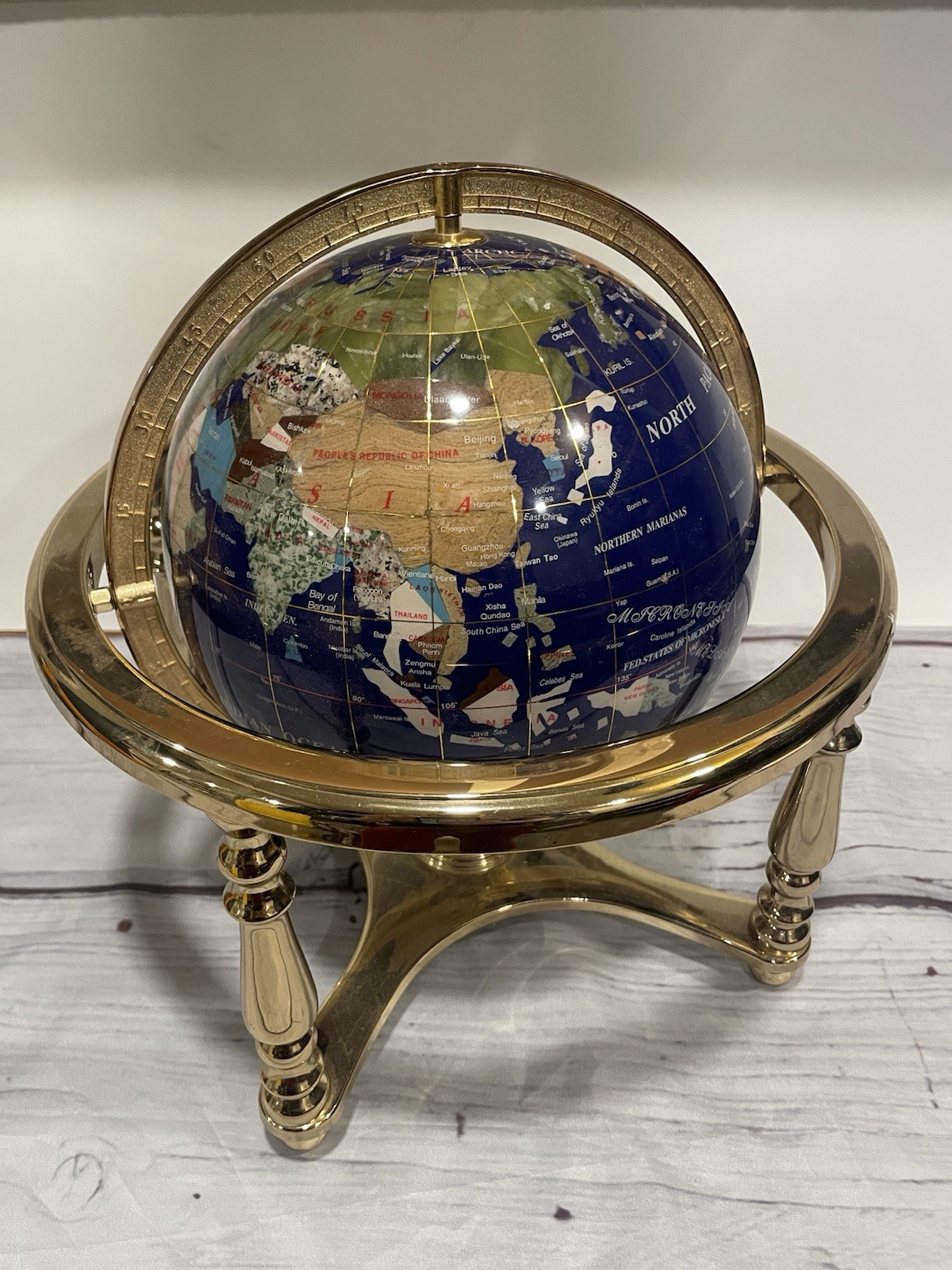 10&Prime;Table Top Blue Lapis Ocean Gemstone World Globe with Gold Stand & Compass