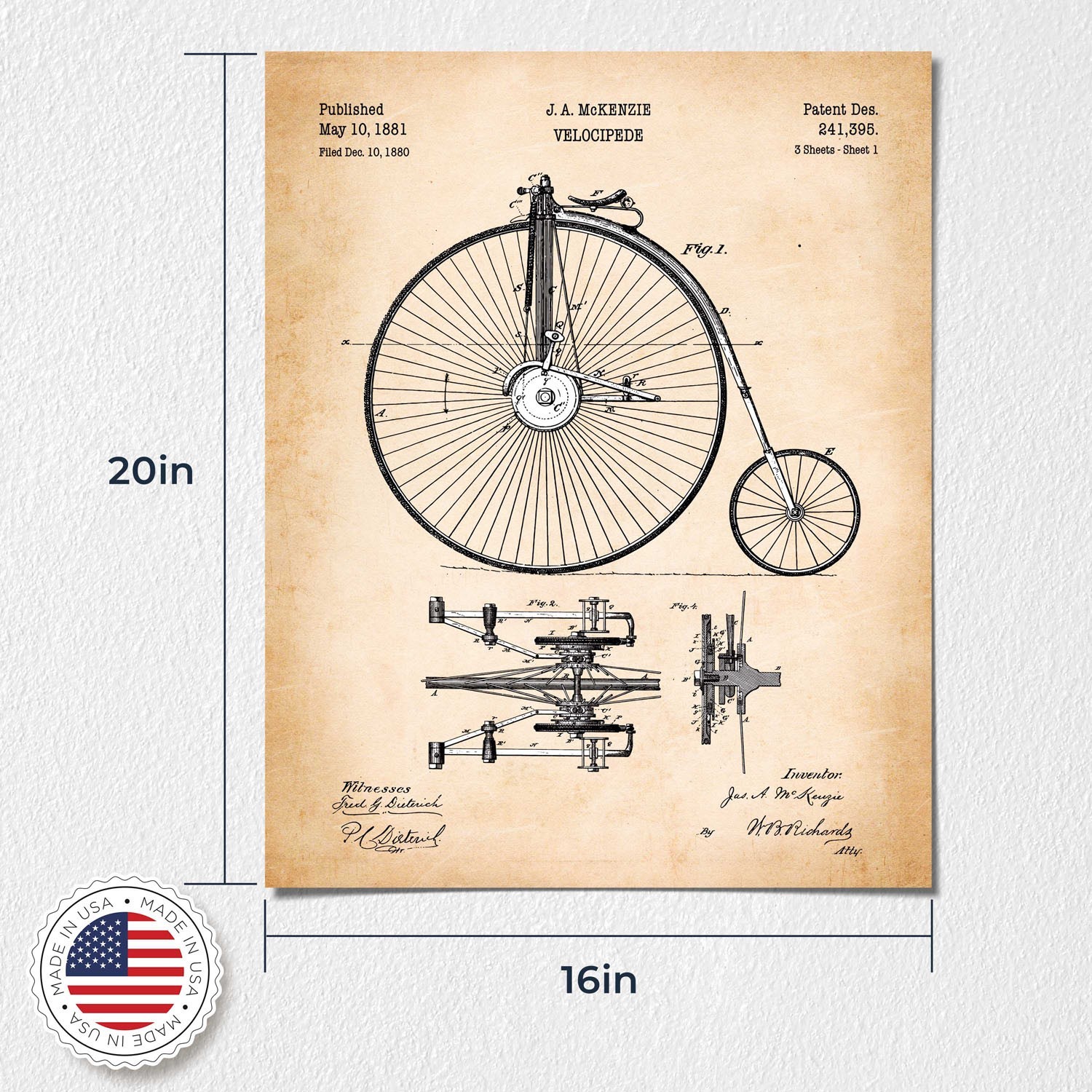 Bicycle Gifts, Velocipede Bike Patent Poster Print,Ready To Hang No Frame Poster