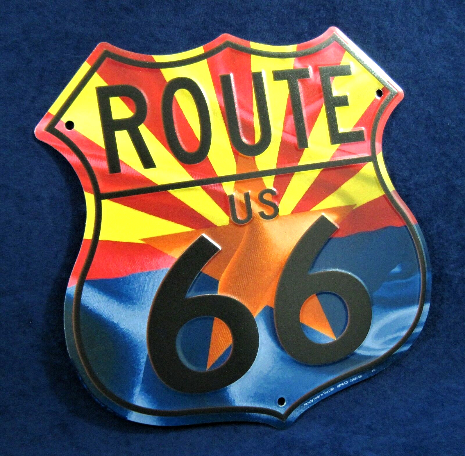 RT 66 ARIZONA FLAG Shield – *US MADE* Embossed Sign – Man Cave Garage Bar Decor